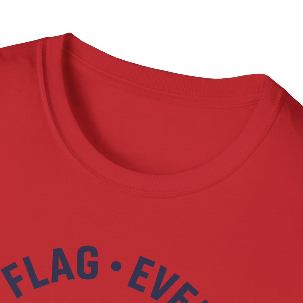 Red crew-neck t-shirt close-up of collar with partial FLAG • EVE print