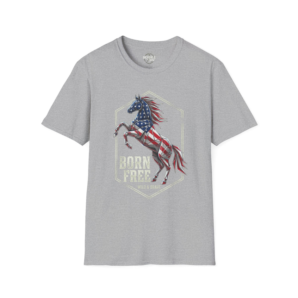 American flag horse T-shirt, sport grey with "Born Free" graphic