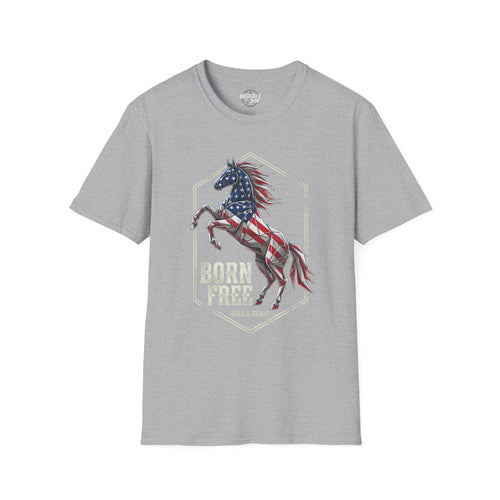American flag horse T-shirt, sport grey with "Born Free" graphic