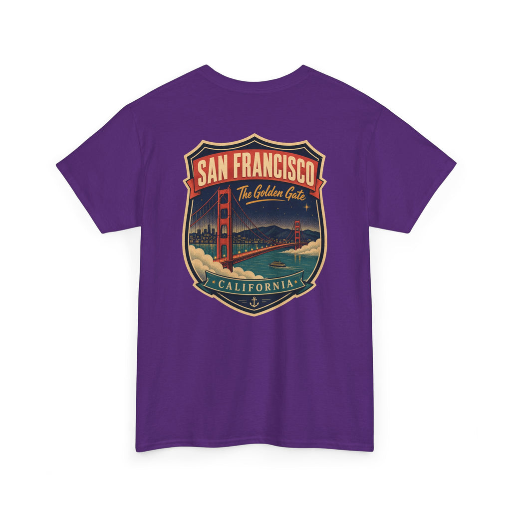 Purple T-shirt with San Francisco city luggage tag badge graphic