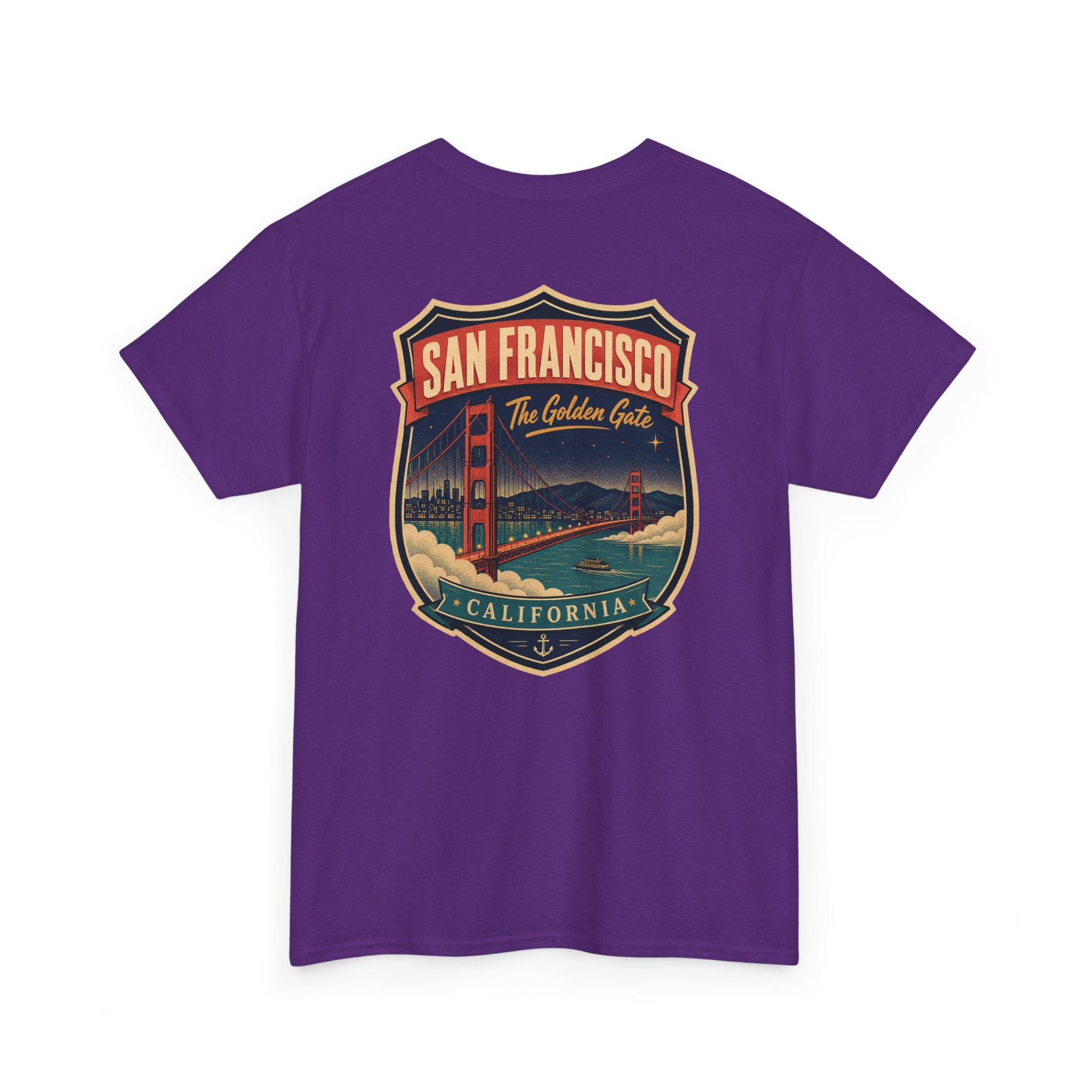 Purple T-shirt with San Francisco city luggage tag badge graphic