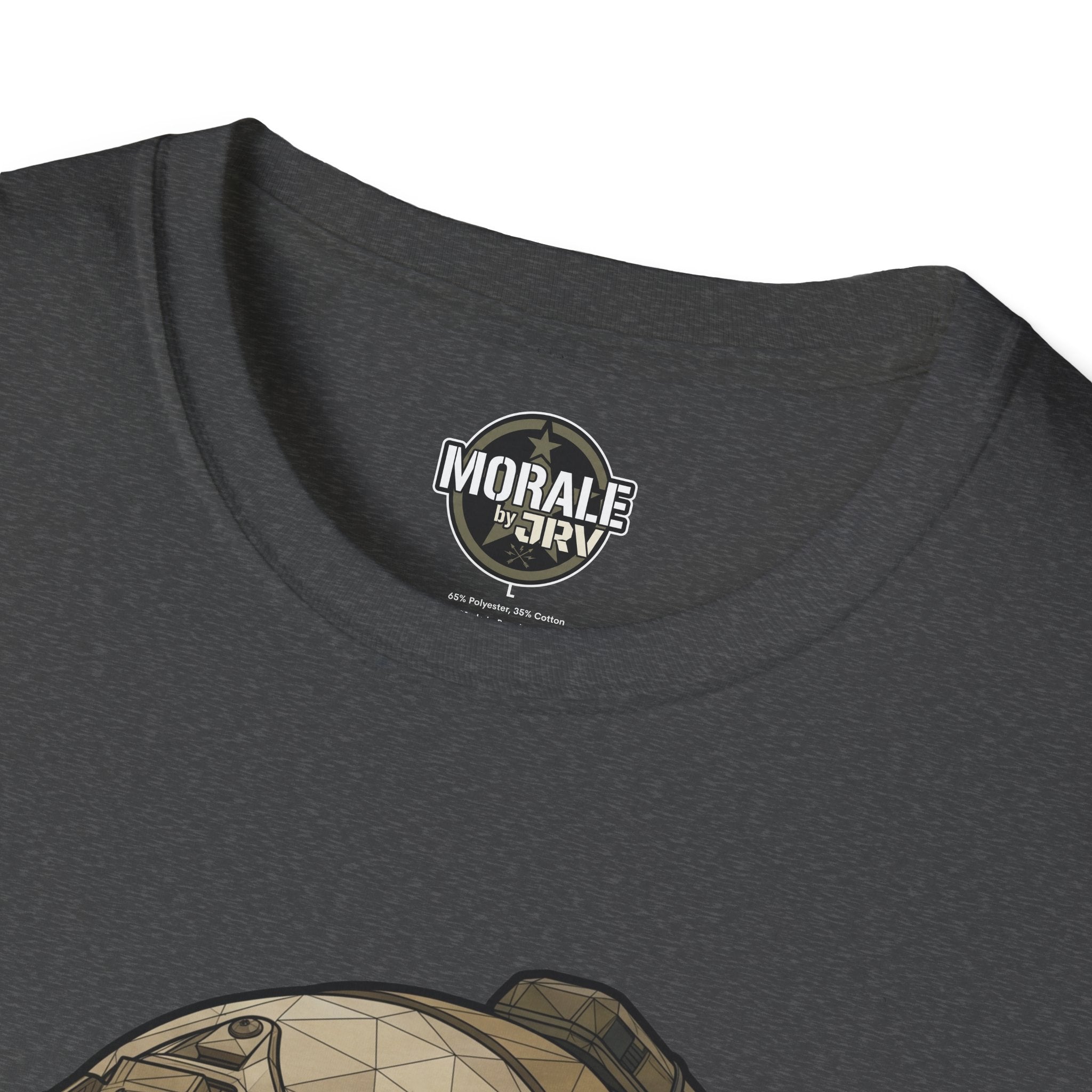 Charcoal T-shirt with back neckline logo and partial tactical graphic