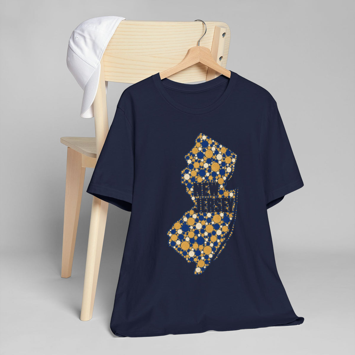Navy crew-neck t-shirt with colorful New Jersey floral map graphic