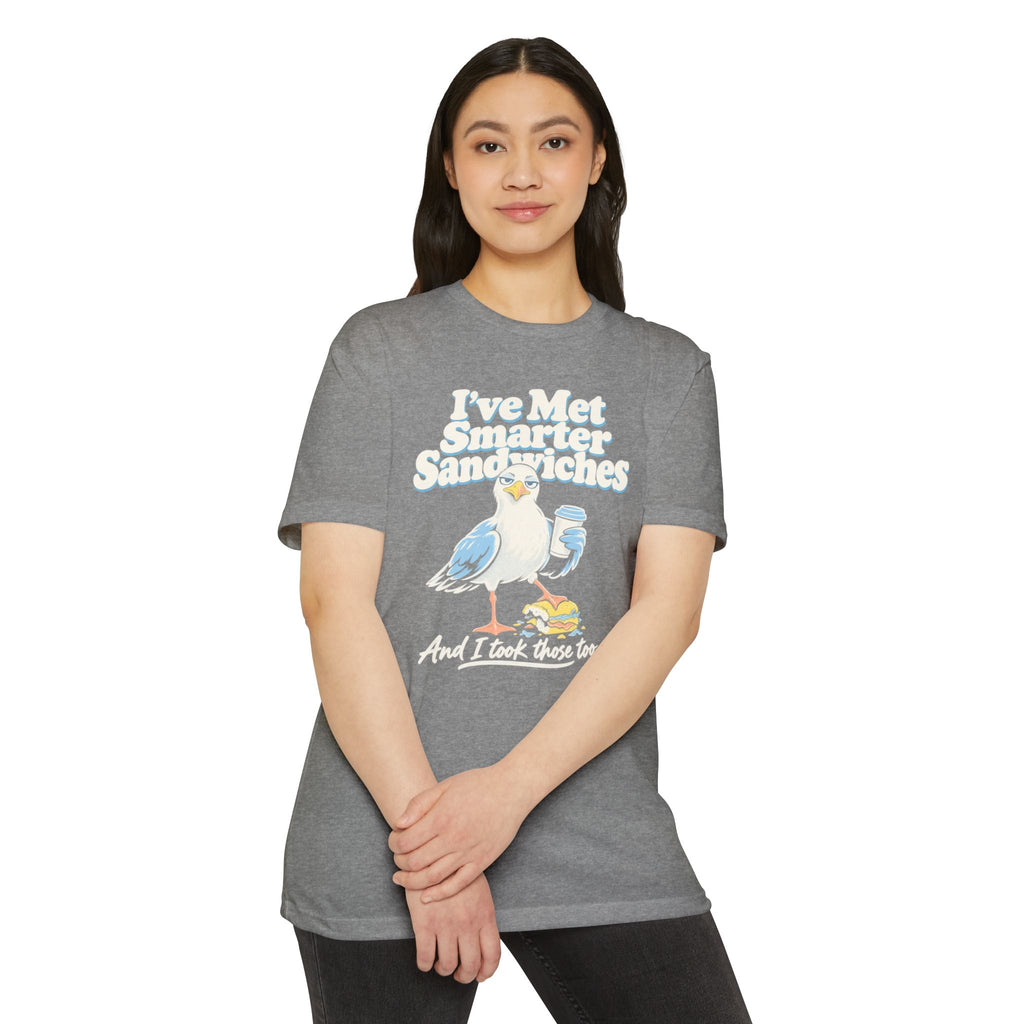 Heather gray graphic t-shirt with seagull illustration and sarcastic quote text