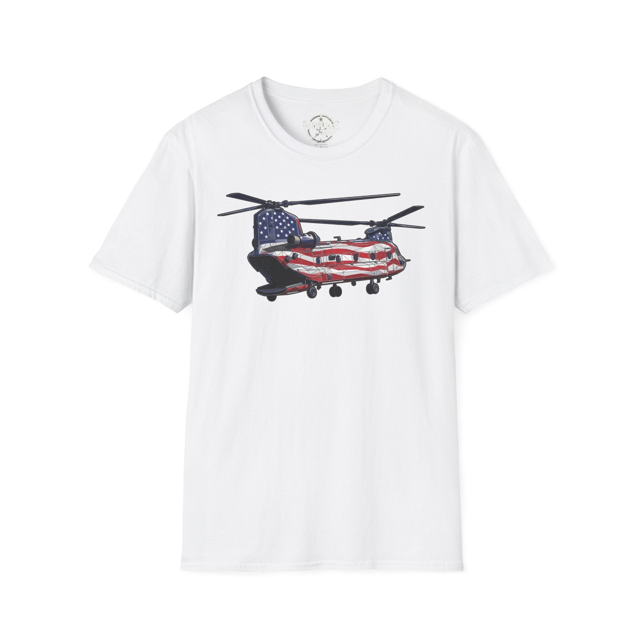 American Flag CH-47 Chinook T-shirt in white with red, blue aircraft graphic on front