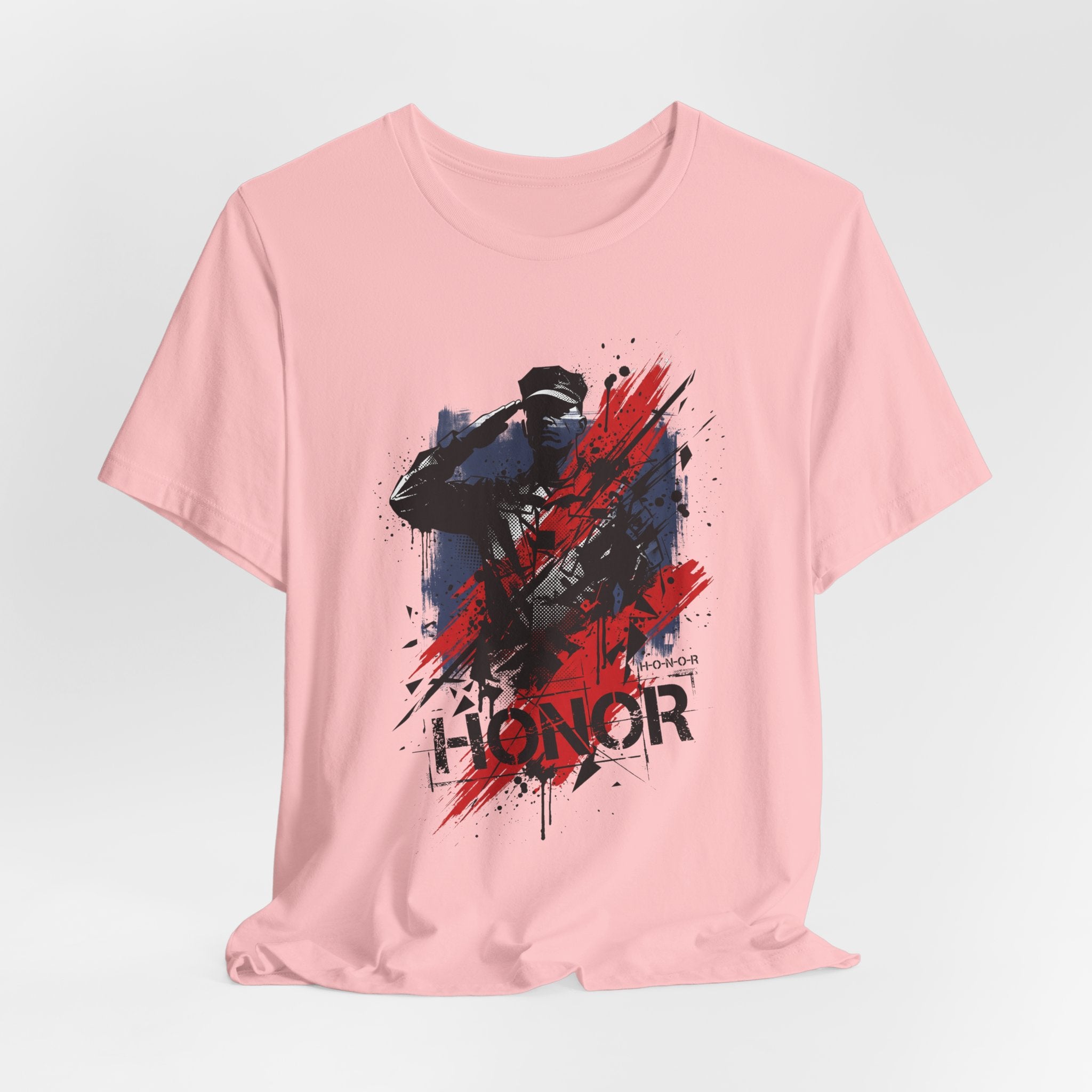 Light pink crewneck T-shirt with blue and red soldier silhouette graphic