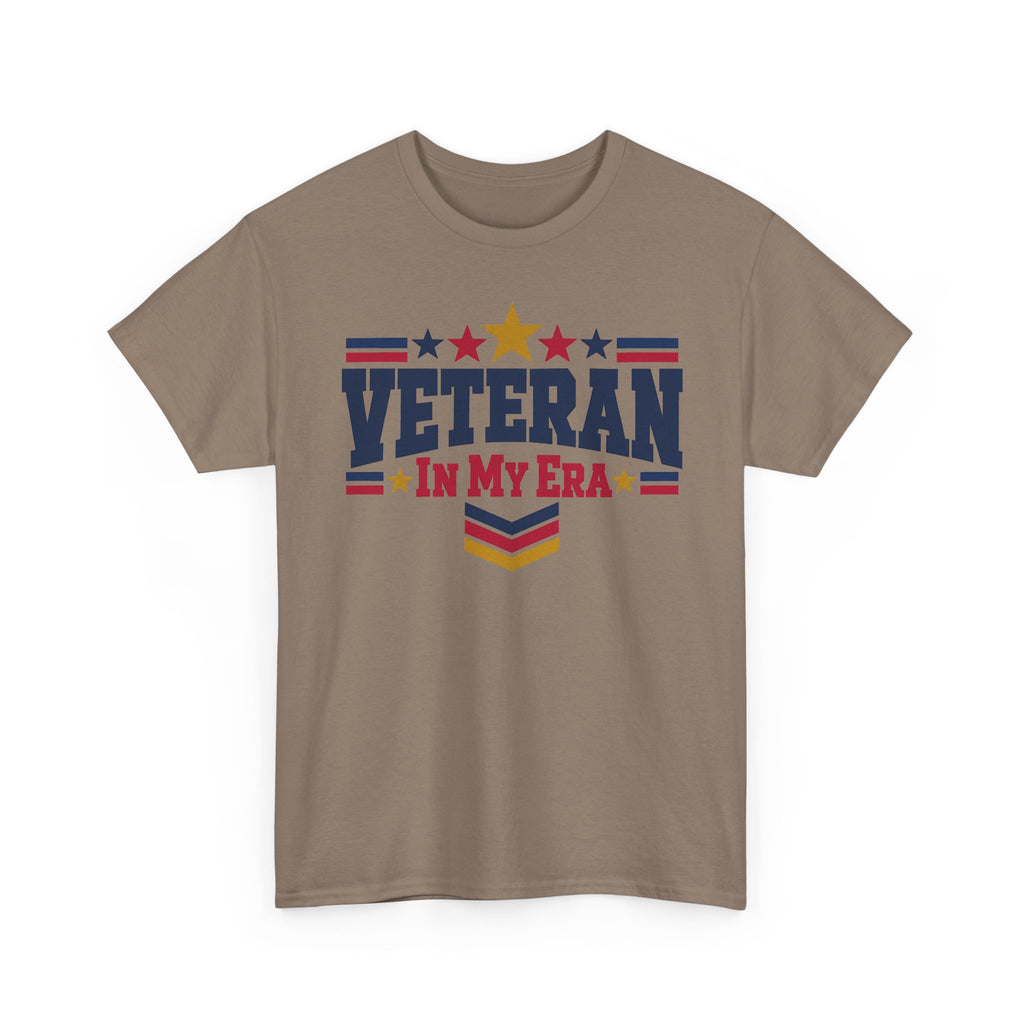 Brown veteran graphic t-shirt with stars-and-stripes “Veteran in My Era” print