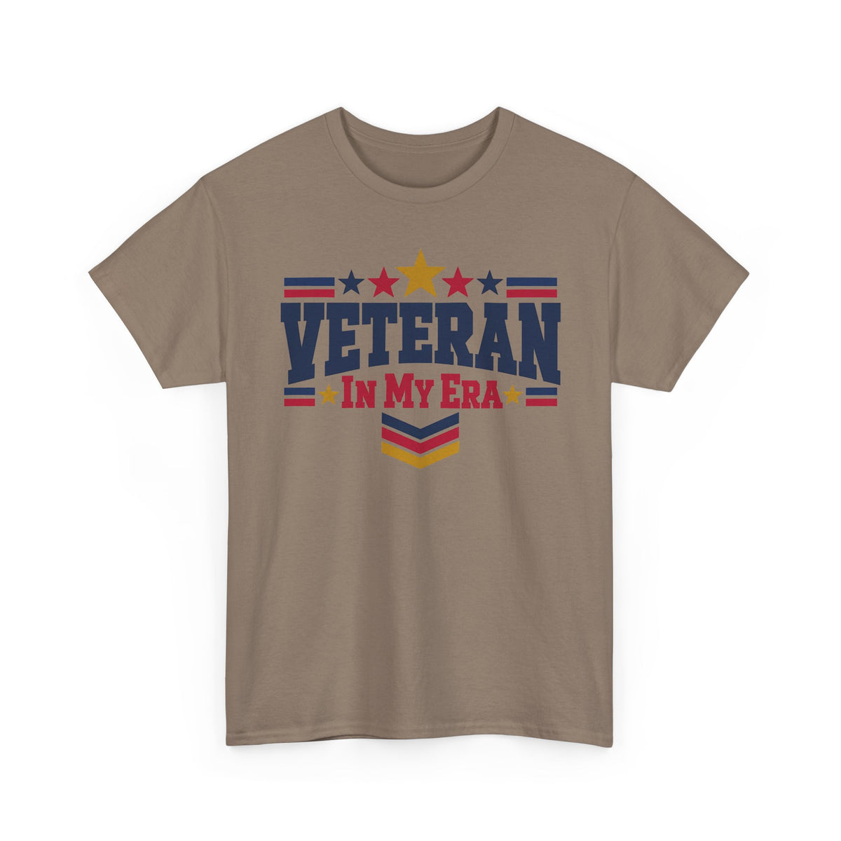 Brown veteran graphic t-shirt with stars-and-stripes “Veteran in My Era” print