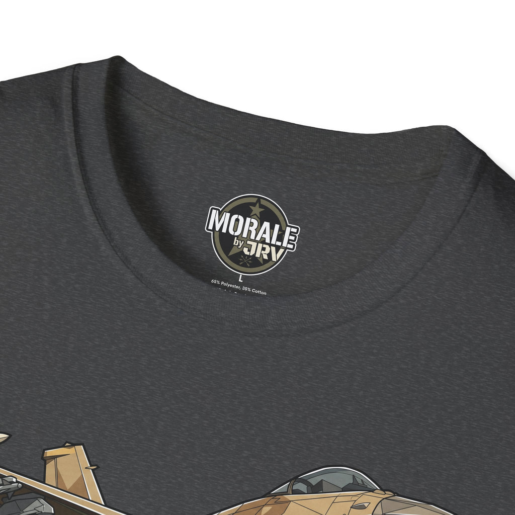 Dark heather T-shirt neckline with “Morale by Jri” logo print