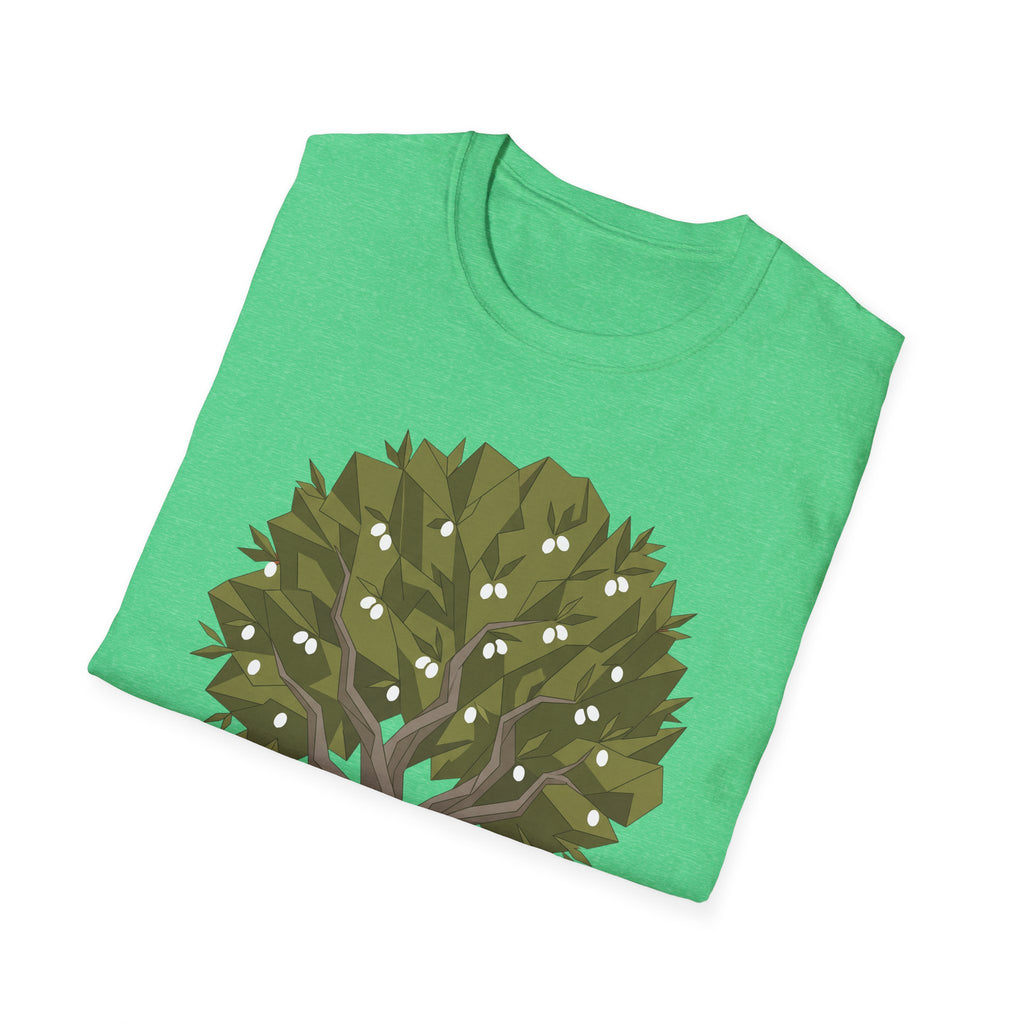 Bright green twisted olive tree T-shirt with green canopy and white olive clusters