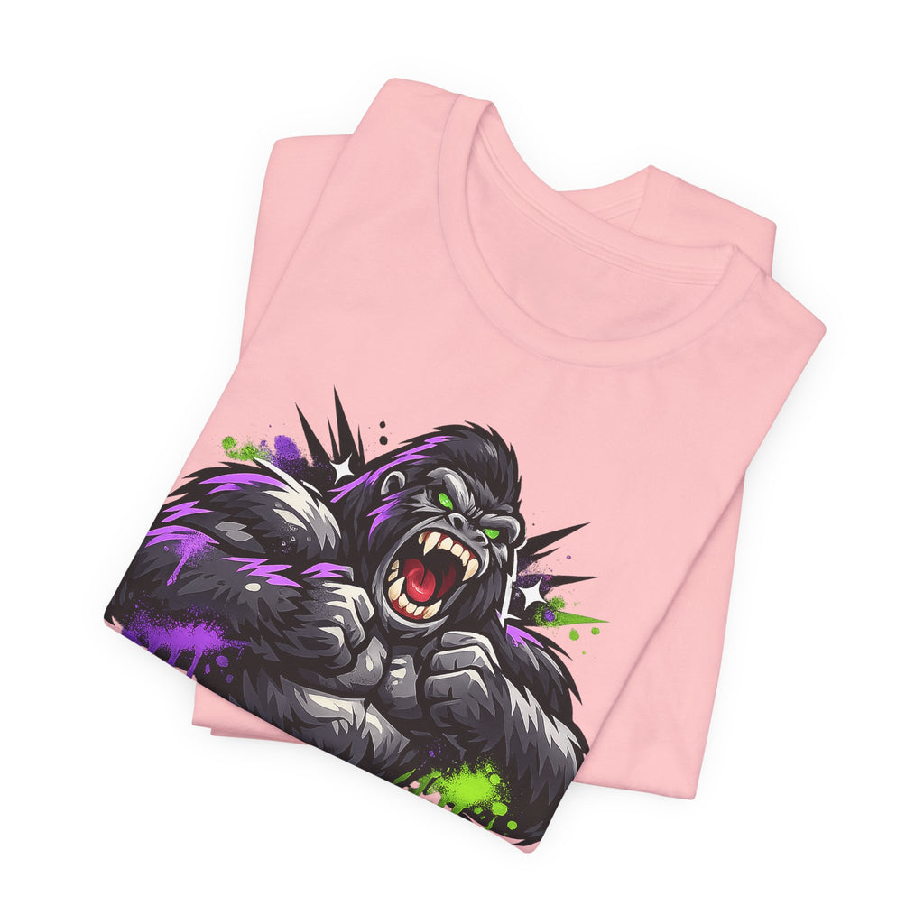 Pink T-shirt with roaring gorilla graphic print in neon purple and green