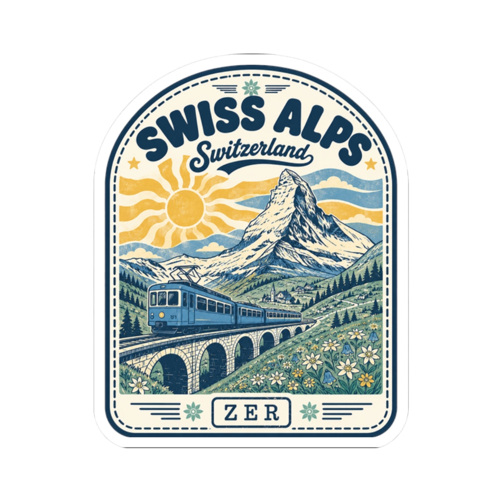 Swiss Alps Switzerland train mountain sticker, border text and sun sky graphic with ZER