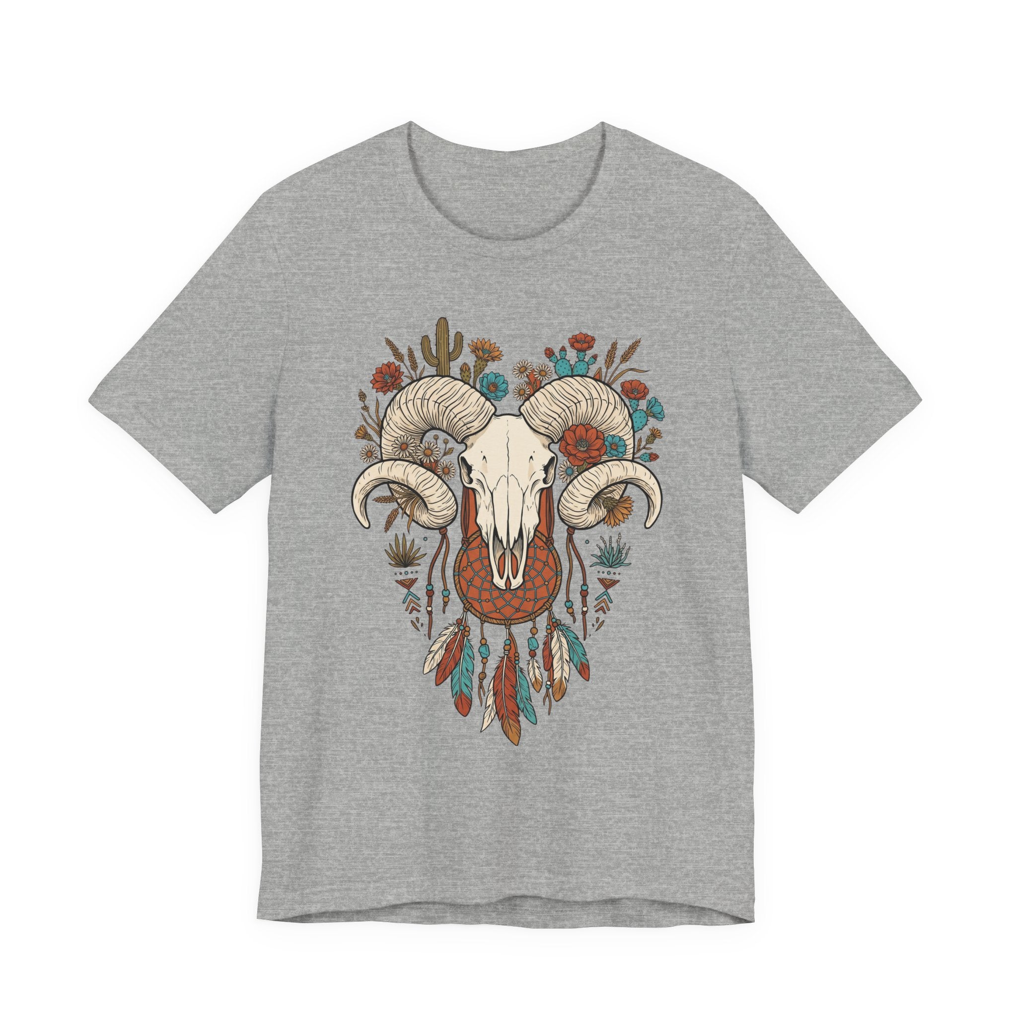 Ram skull with horns graphic T-shirt, heather grey front