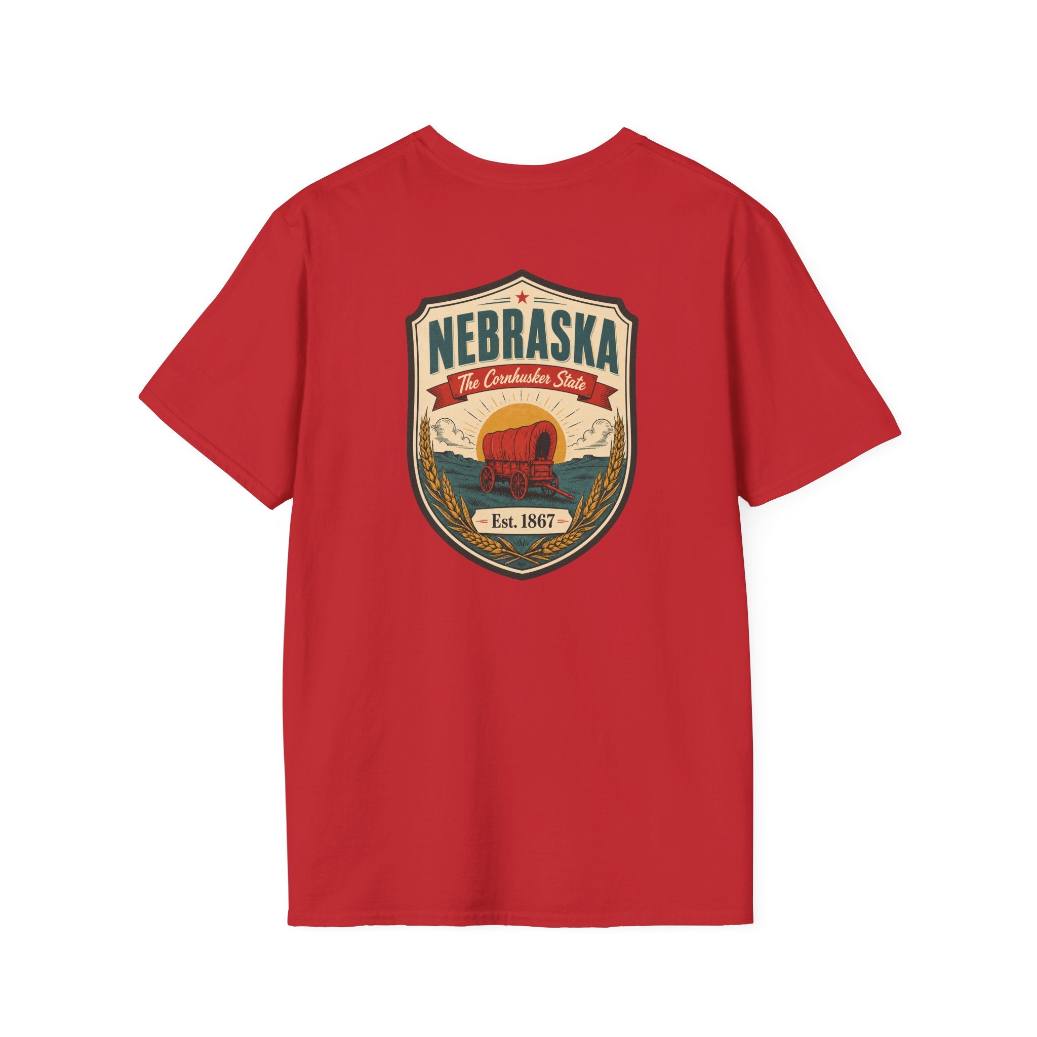 Red T-shirt with Nebraska shield graphic on front.