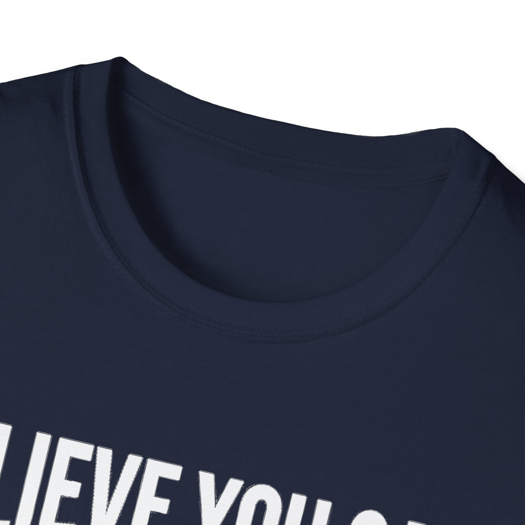 Navy crew neck T-shirt close-up with partial white text