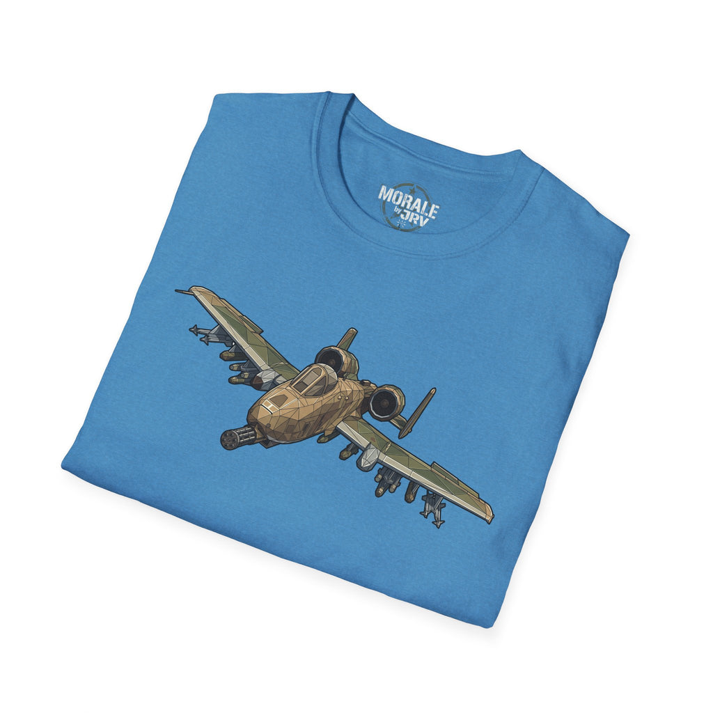 Light blue T-shirt with A-10 Warthog aircraft graphic on front.