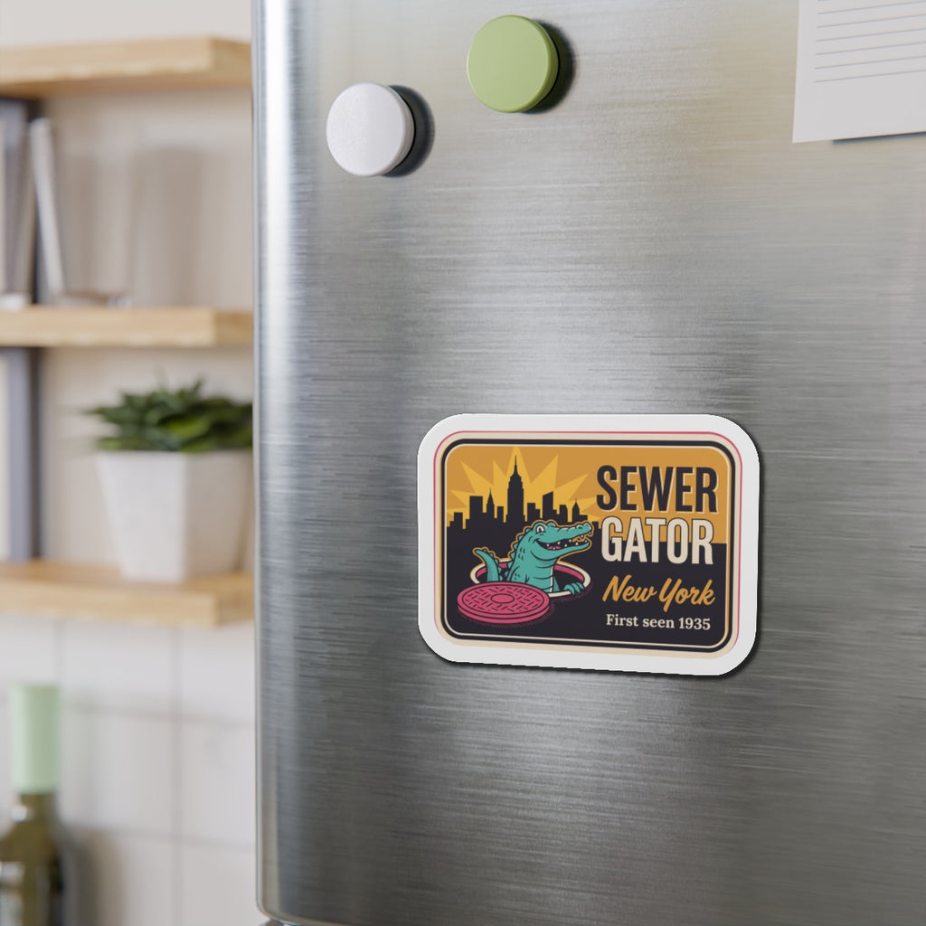 Die-cut refrigerator magnet with teal gator and pink sewer lid, on white border