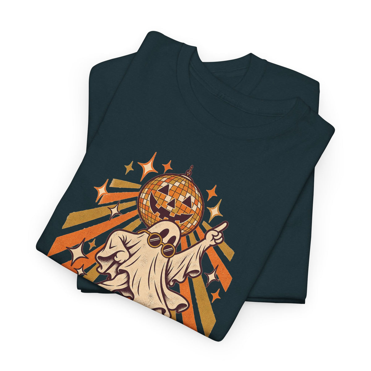 Deep teal Halloween graphic T-shirt with dancing ghost and disco ball artwork