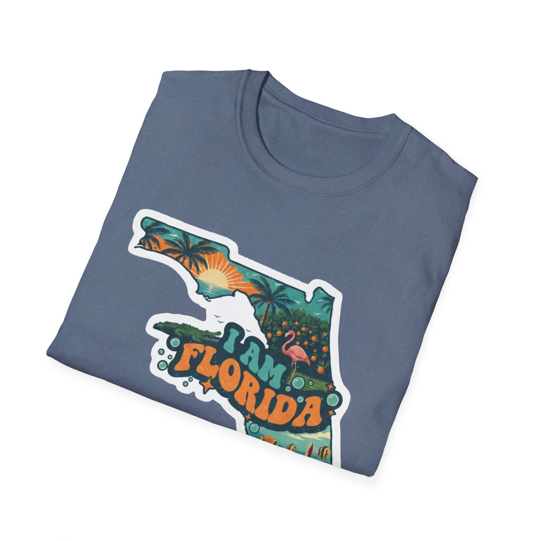Camiseta azul jaspeado con mapa de Florida tropical y texto “Florida”
