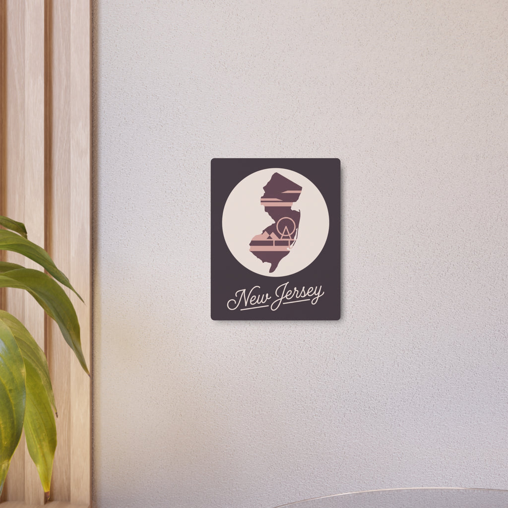 Small square metal wall sign with circular New Jersey silhouette and “New Jersey” script