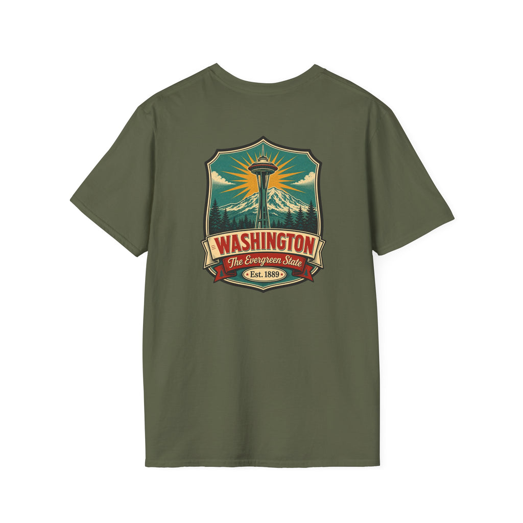 Military green T-shirt with Washington lighthouse graphic on front