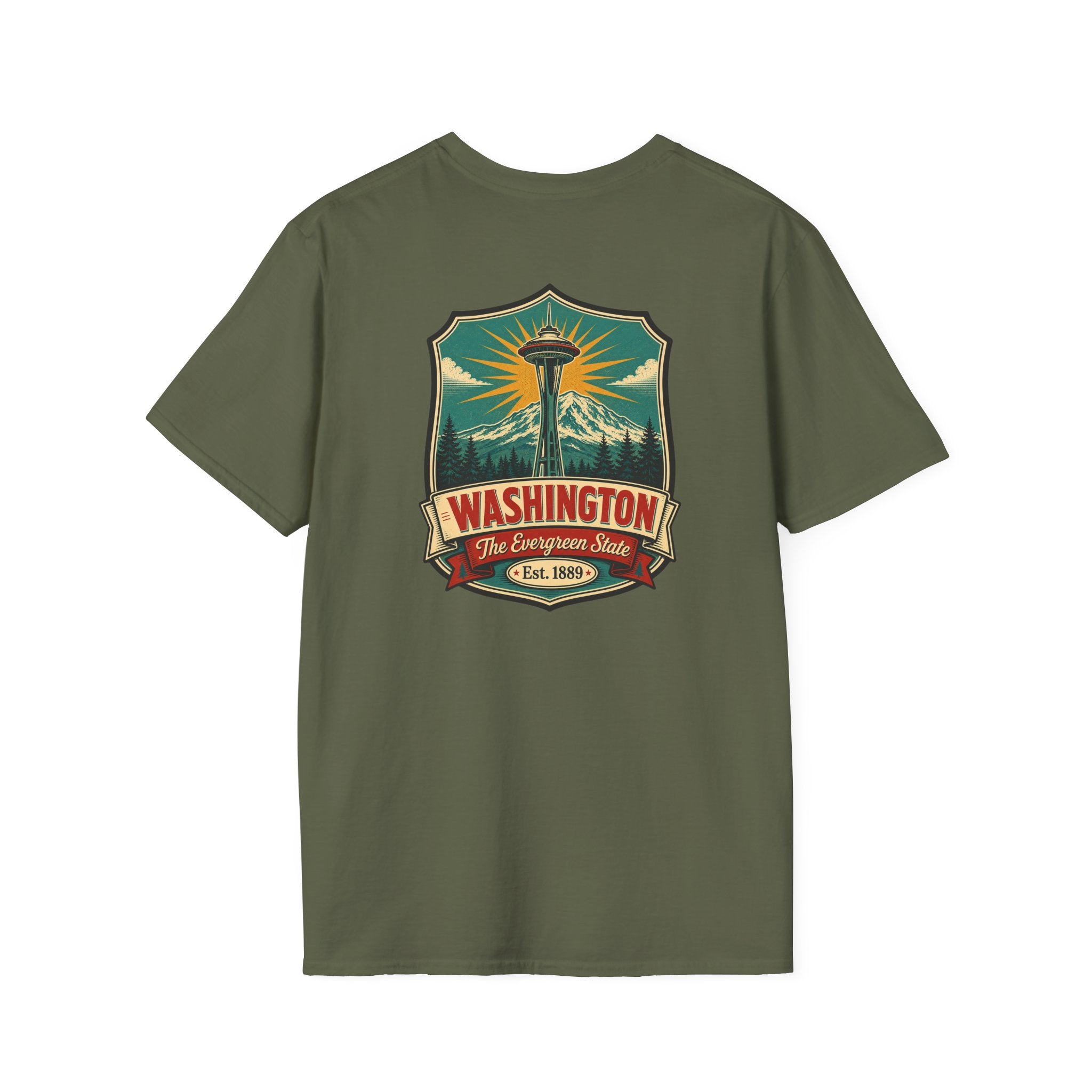 Military green T-shirt with Washington lighthouse graphic on front