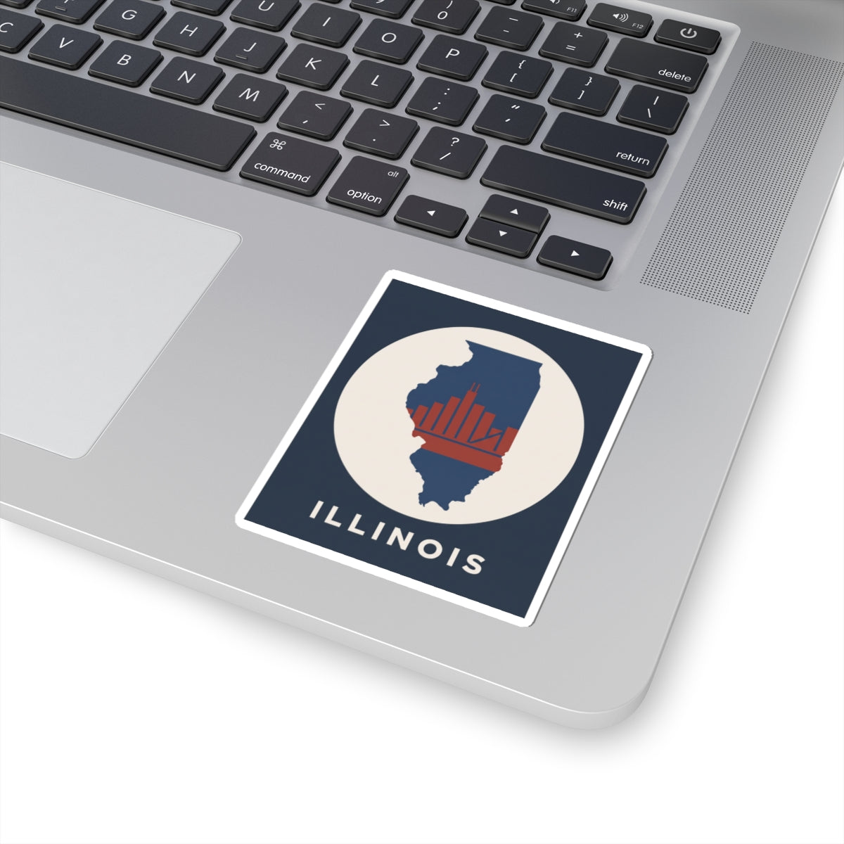 Square kiss-cut Illinois sticker with navy backing, white circle, red skyline bars, and ILLINOIS