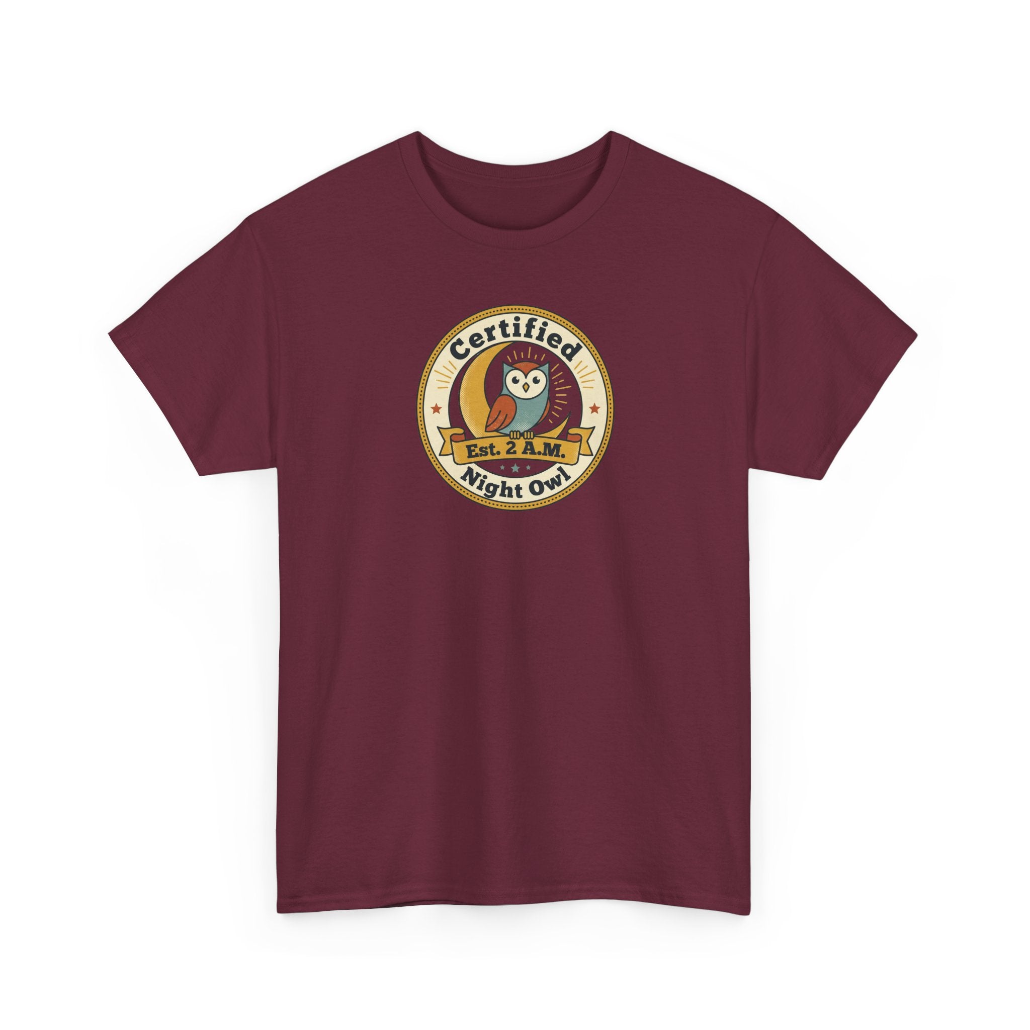 Maroon crew-neck t-shirt with “Certified Night Owl” owl badge graphic