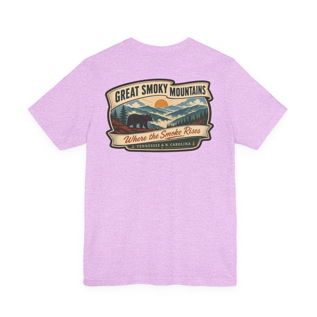 Lilac short-sleeve t-shirt with large retro mountain graphic across chest