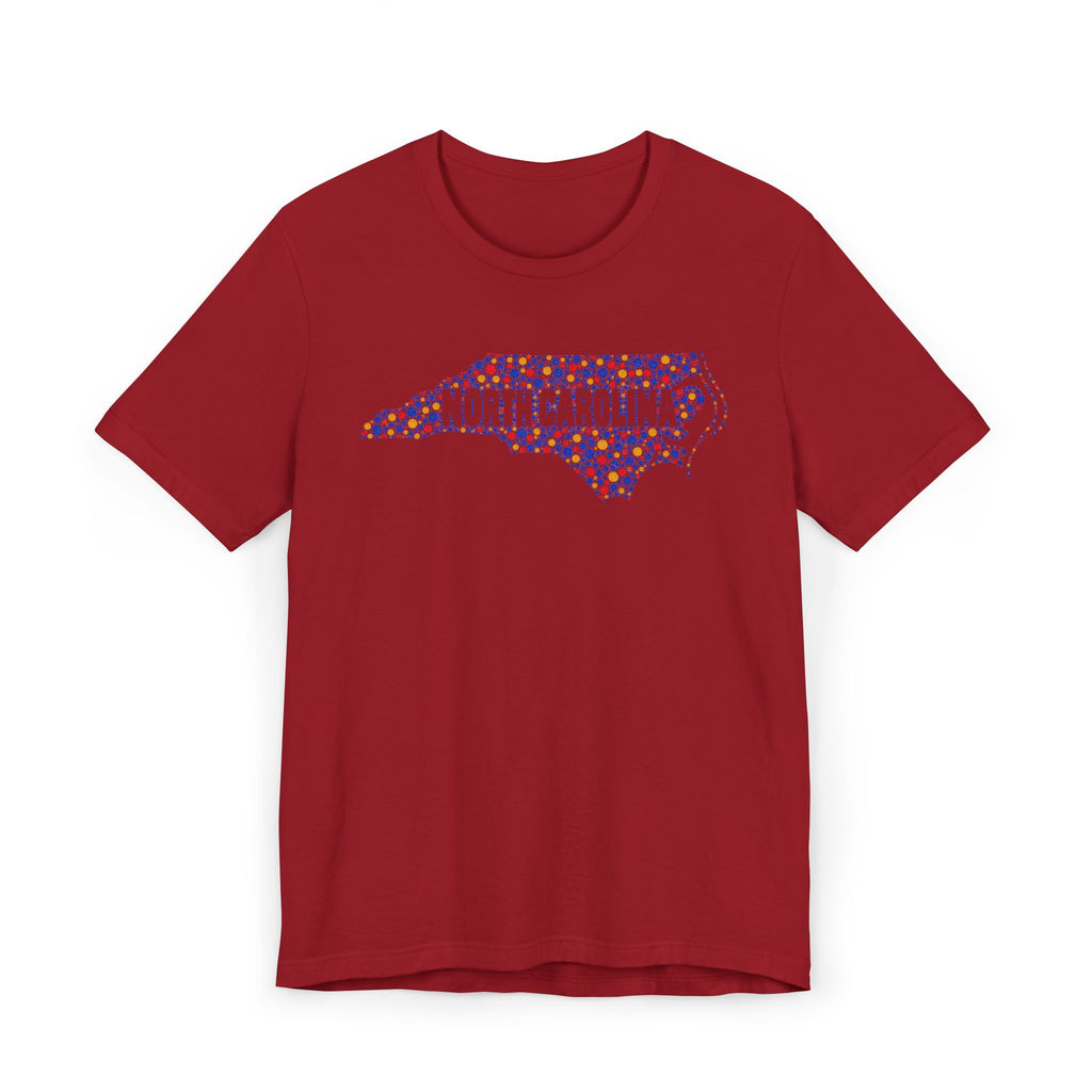 Red crew-neck T-shirt with colorful North Carolina floral map outline graphic
