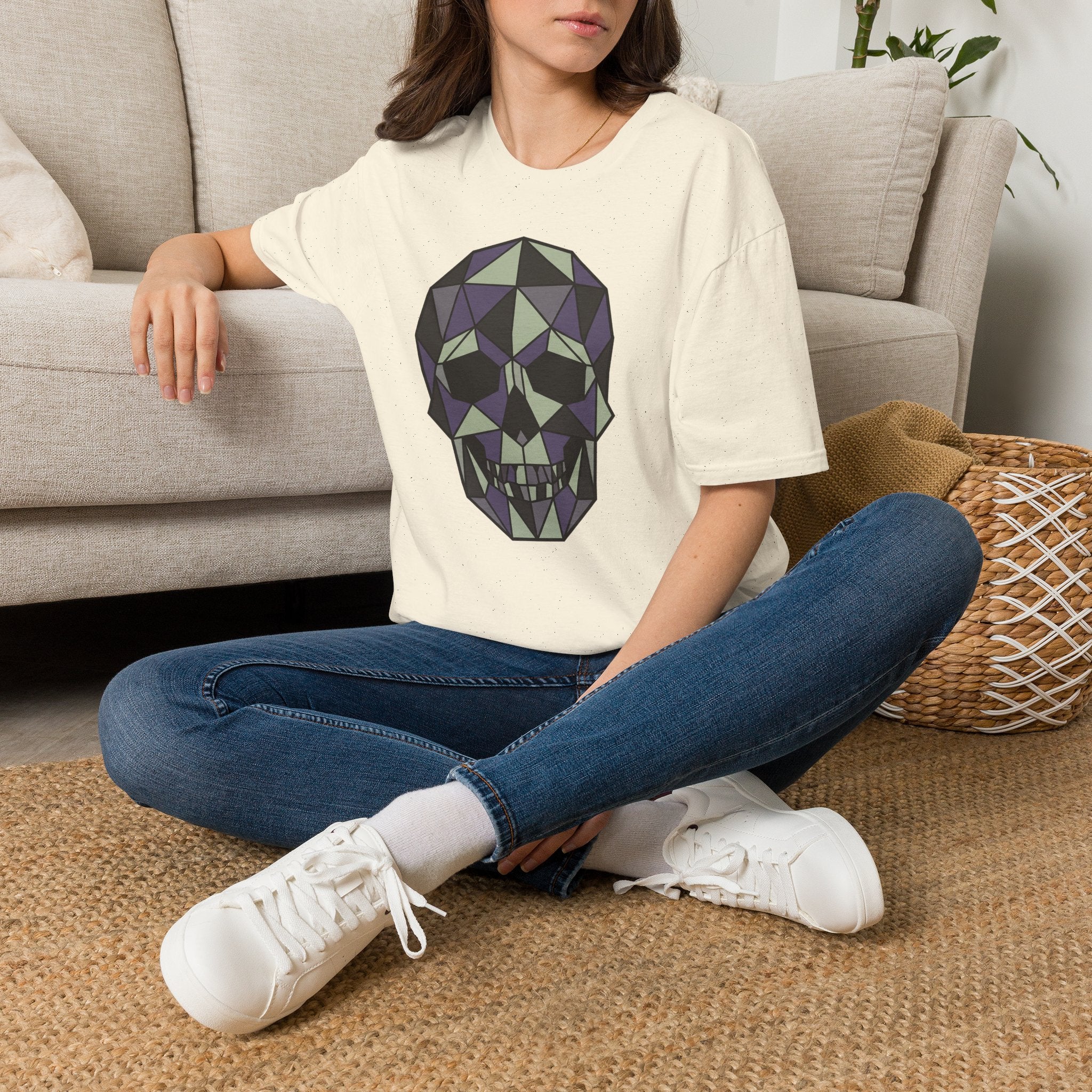 Off-white T-shirt with geometric low-poly skull graphic on the chest