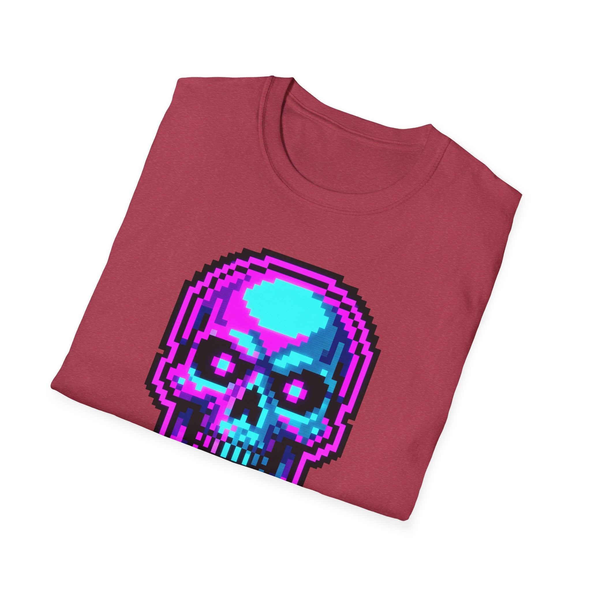 Maroon T-shirt with neon pixel-skull face graphic in purple and cyan