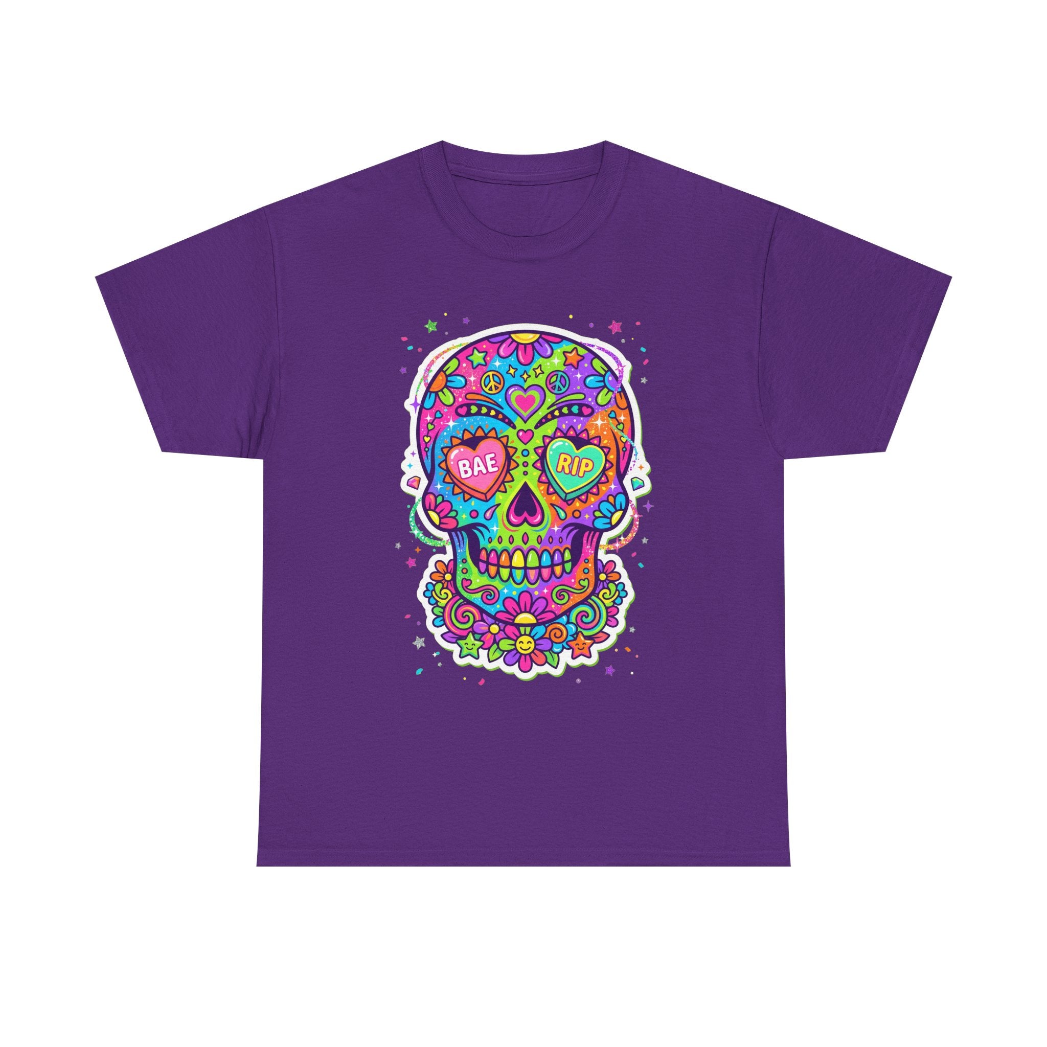Purple T-shirt with colorful sugar skull graphic, BAE & RIP heart eyes