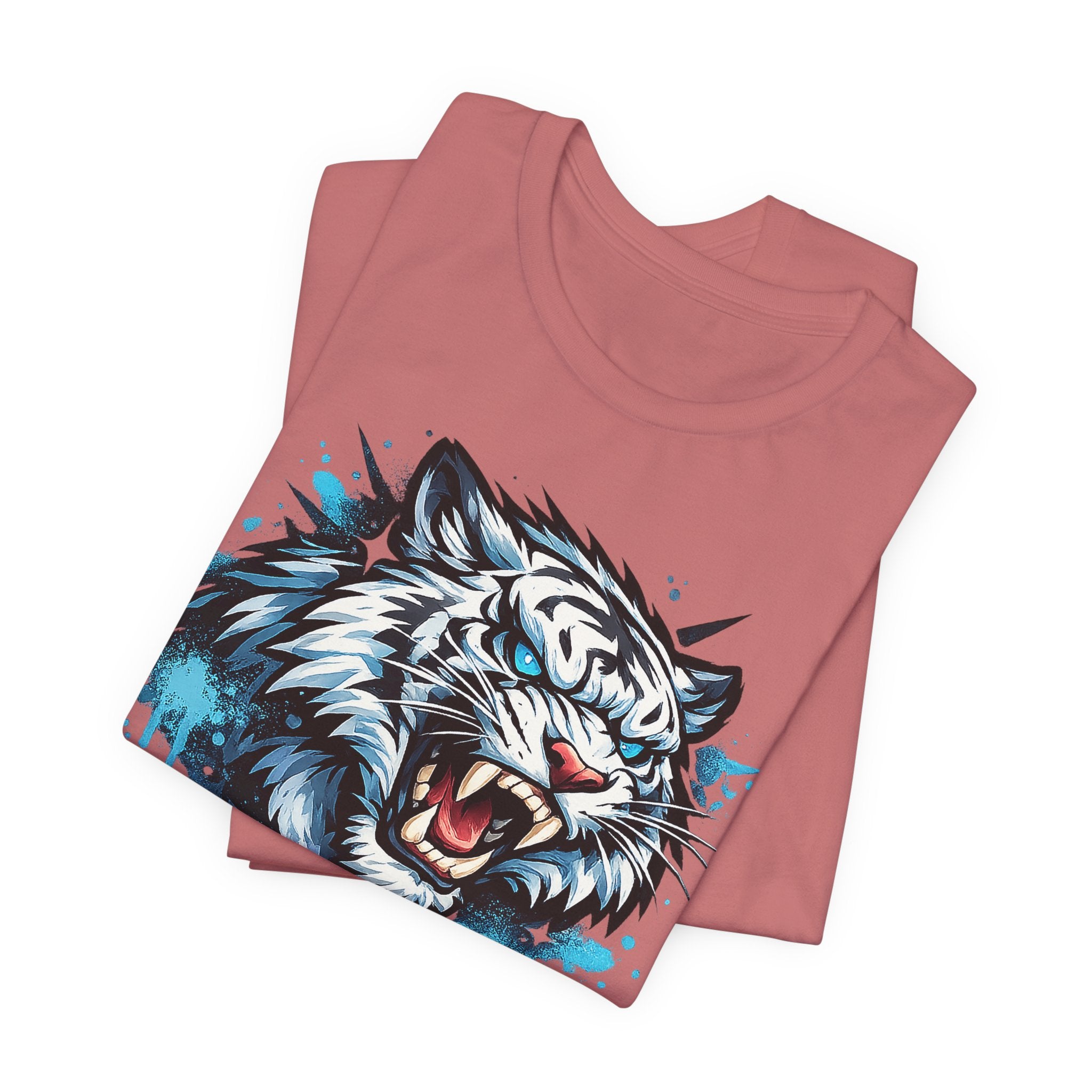 Dusty rose crew-neck T-shirt with roaring tiger head graphic and blue drip splashes