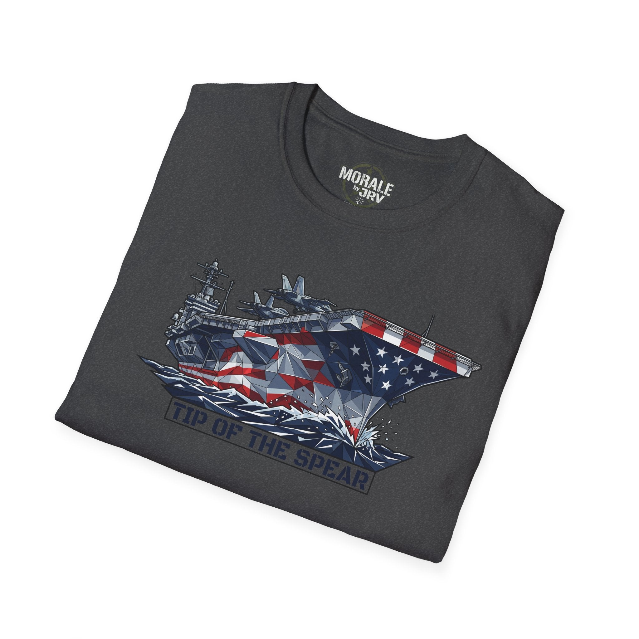 Charcoal gray T-shirt with aircraft carrier graphic and “TIP OF THE SPEAR” text