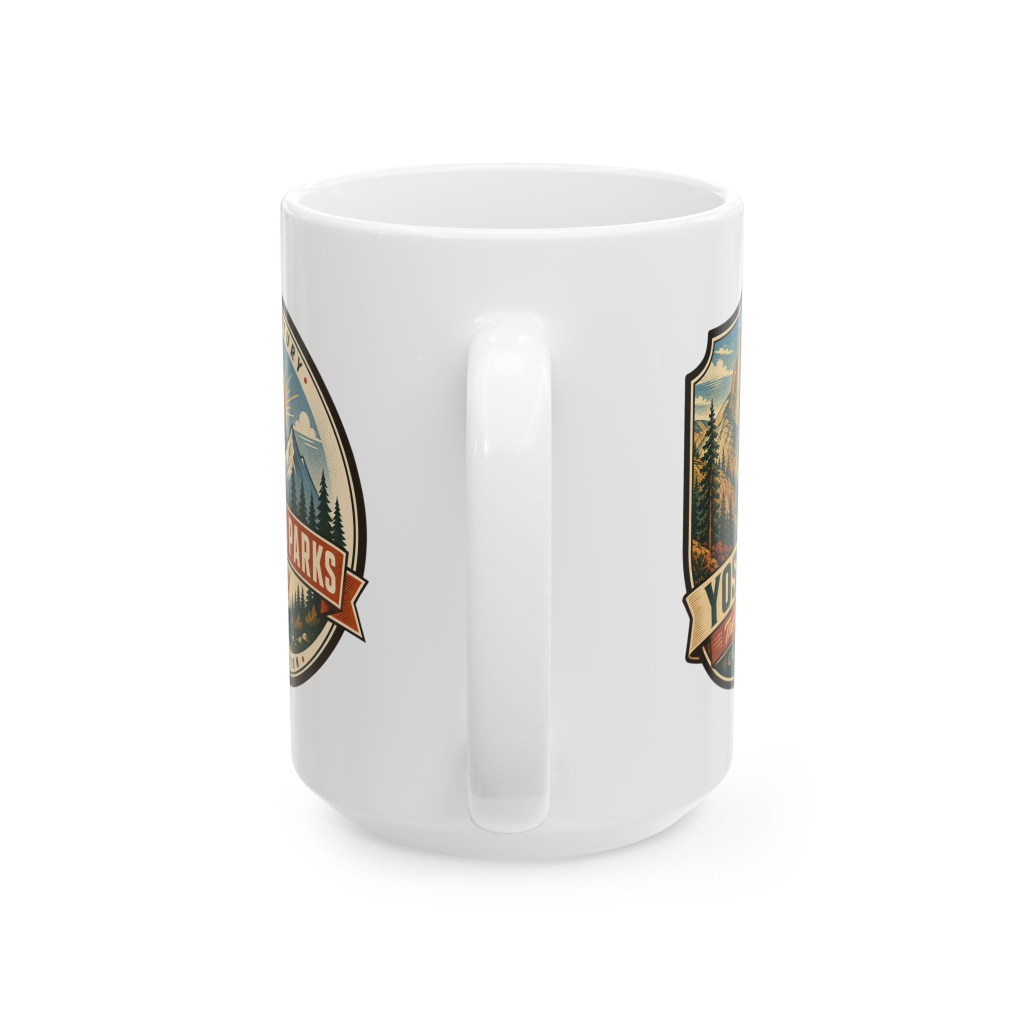 Ceramic mug with Yosemite crest graphic shown from an angle