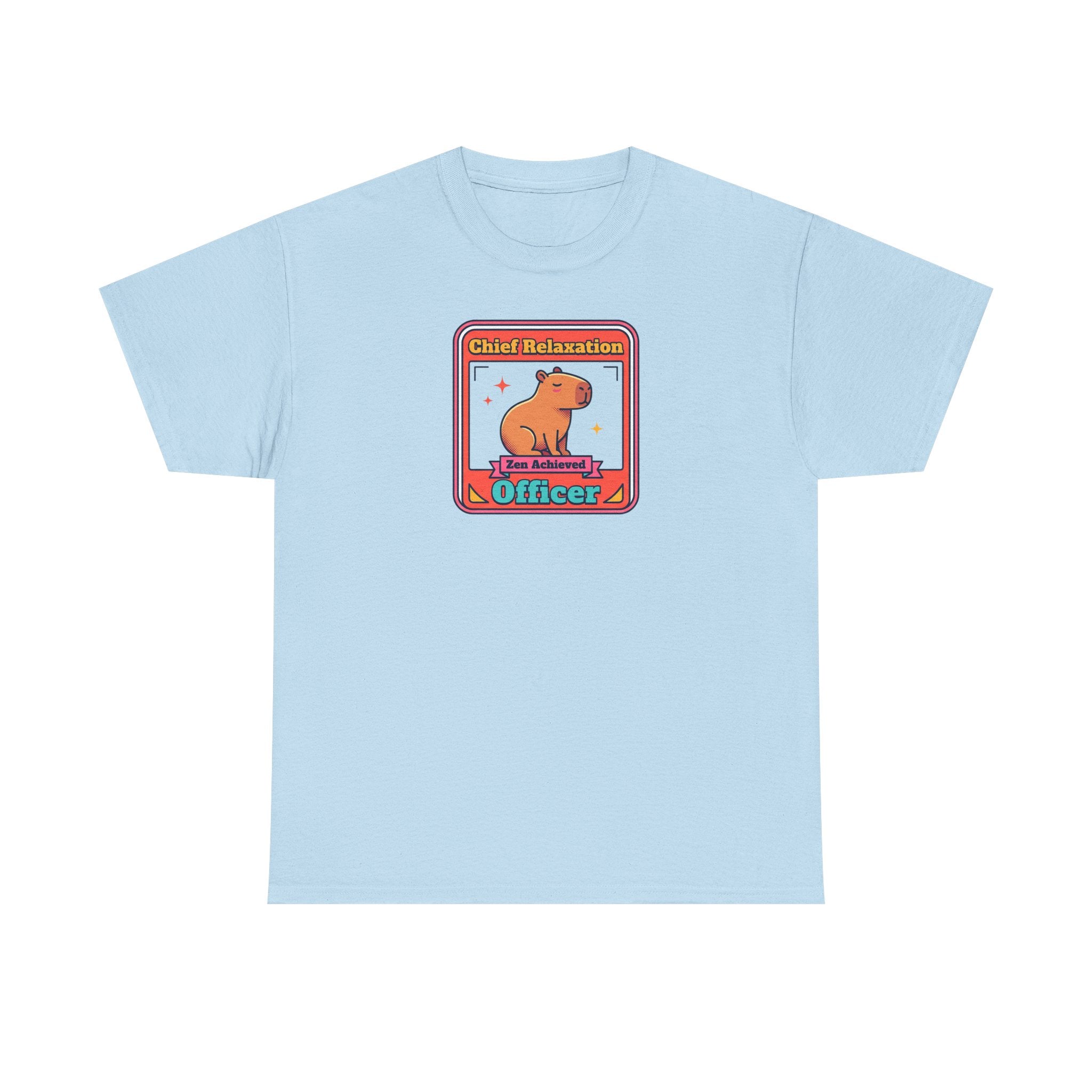 Light blue graphic T-shirt with capybara zen badge logo at center