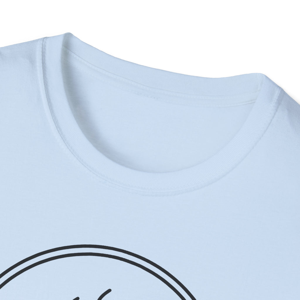 Light blue crew-neck T-shirt close-up with partial circular coffee graphic