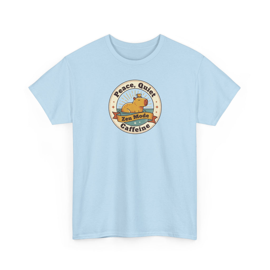 Light blue short-sleeve T-shirt with round "Peace Quiet" coffee graphic