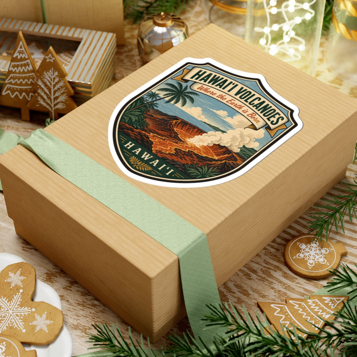 White die-cut travel sticker with Hawai'i Volcanoes shield, orange lava and palm scene