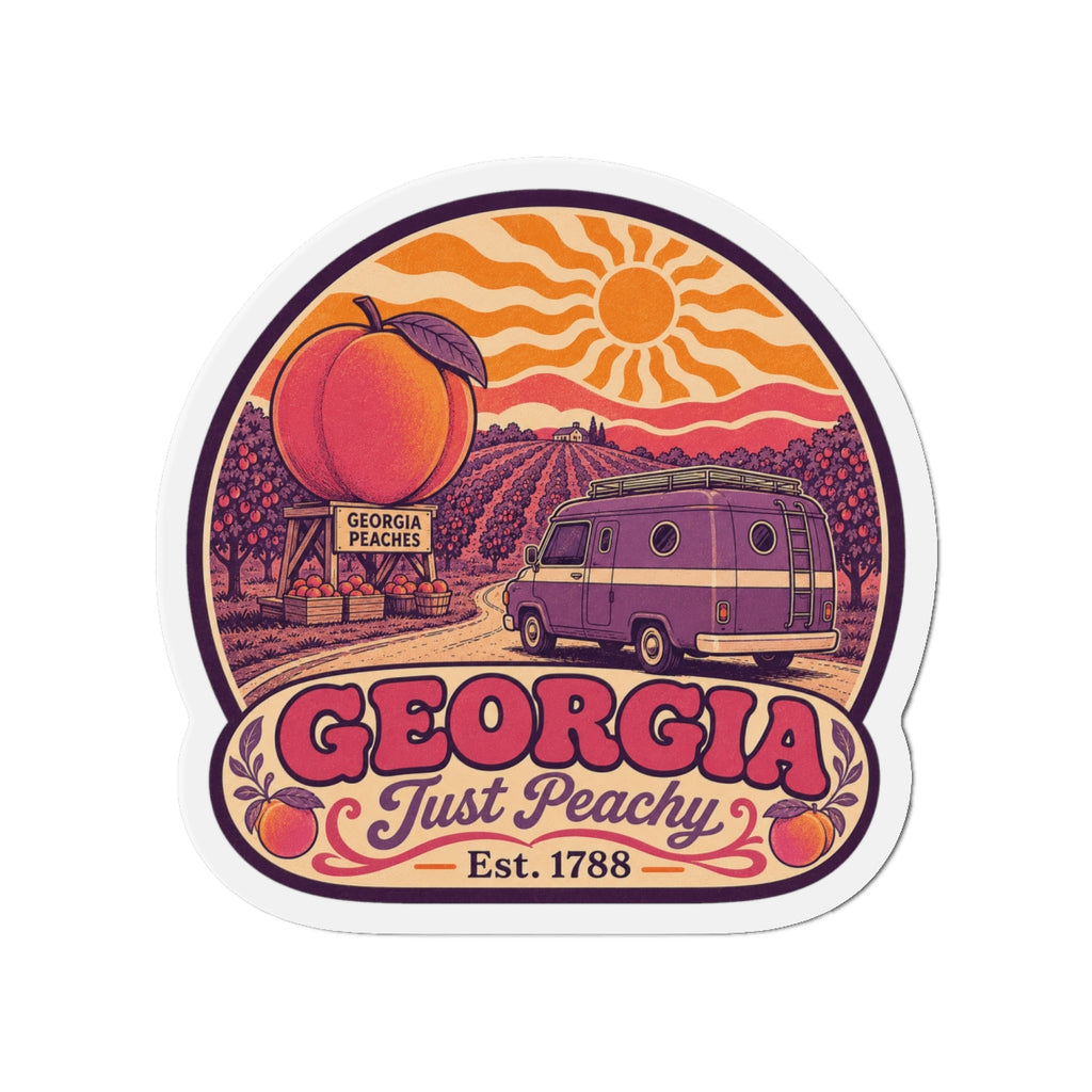 Die-cut magnet featuring orange sun, peach fruit graphic, and purple van under 'Just Peachy'