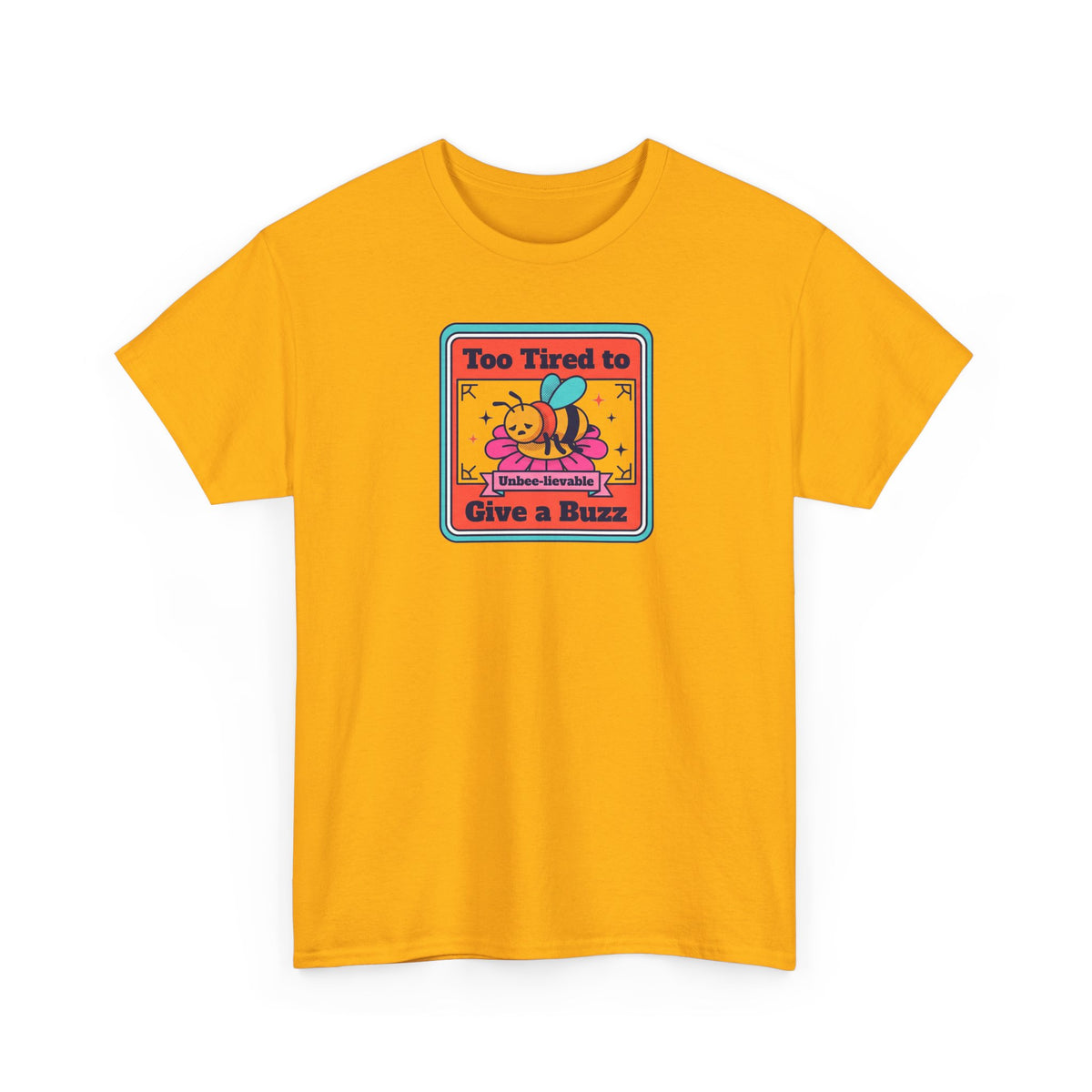 Funny bee graphic t-shirt in yellow, front with colorful 'Give a Buzz' print