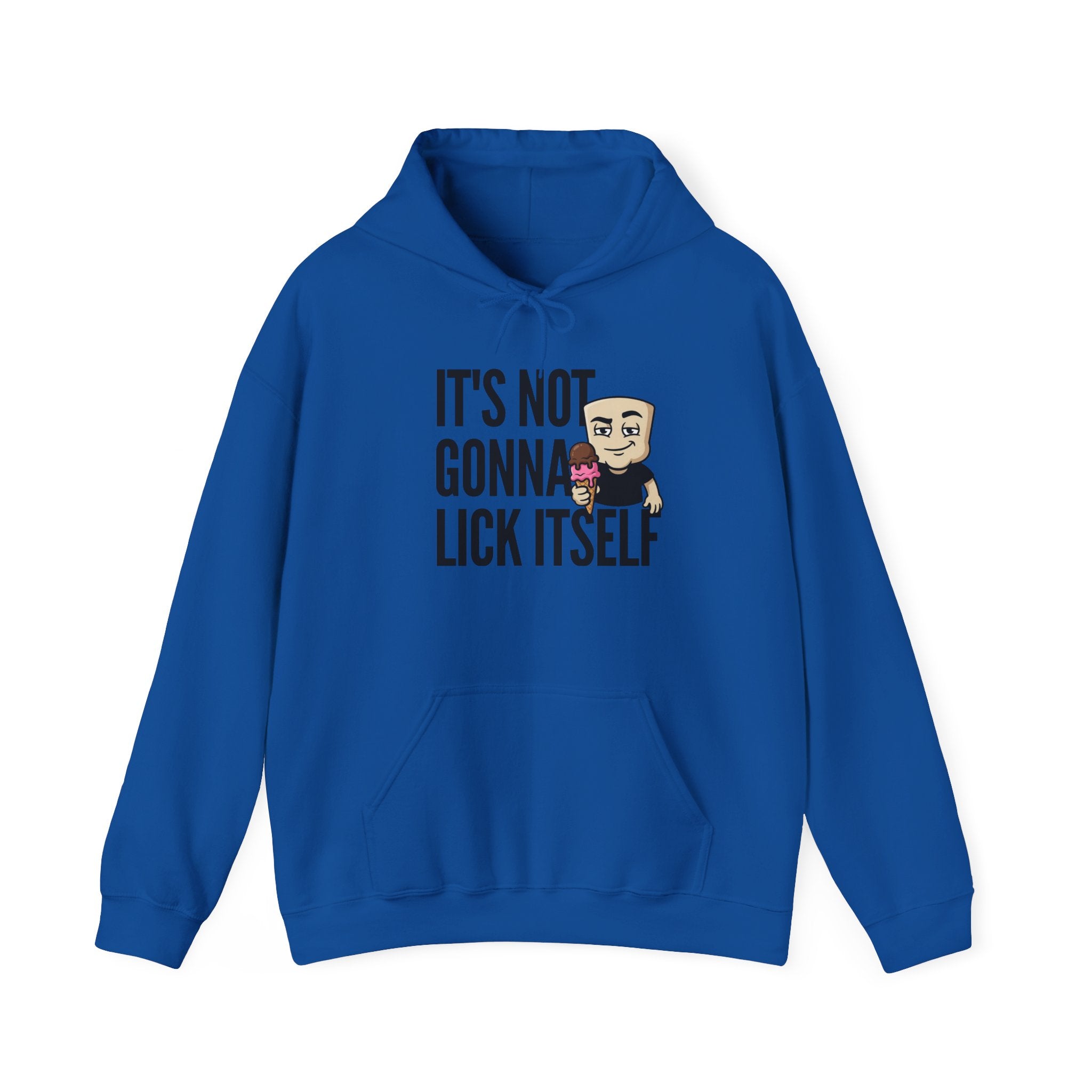 Royal blue hoodie with front pocket, hood, and ice cream character 'IT'S NOT...' graphic.