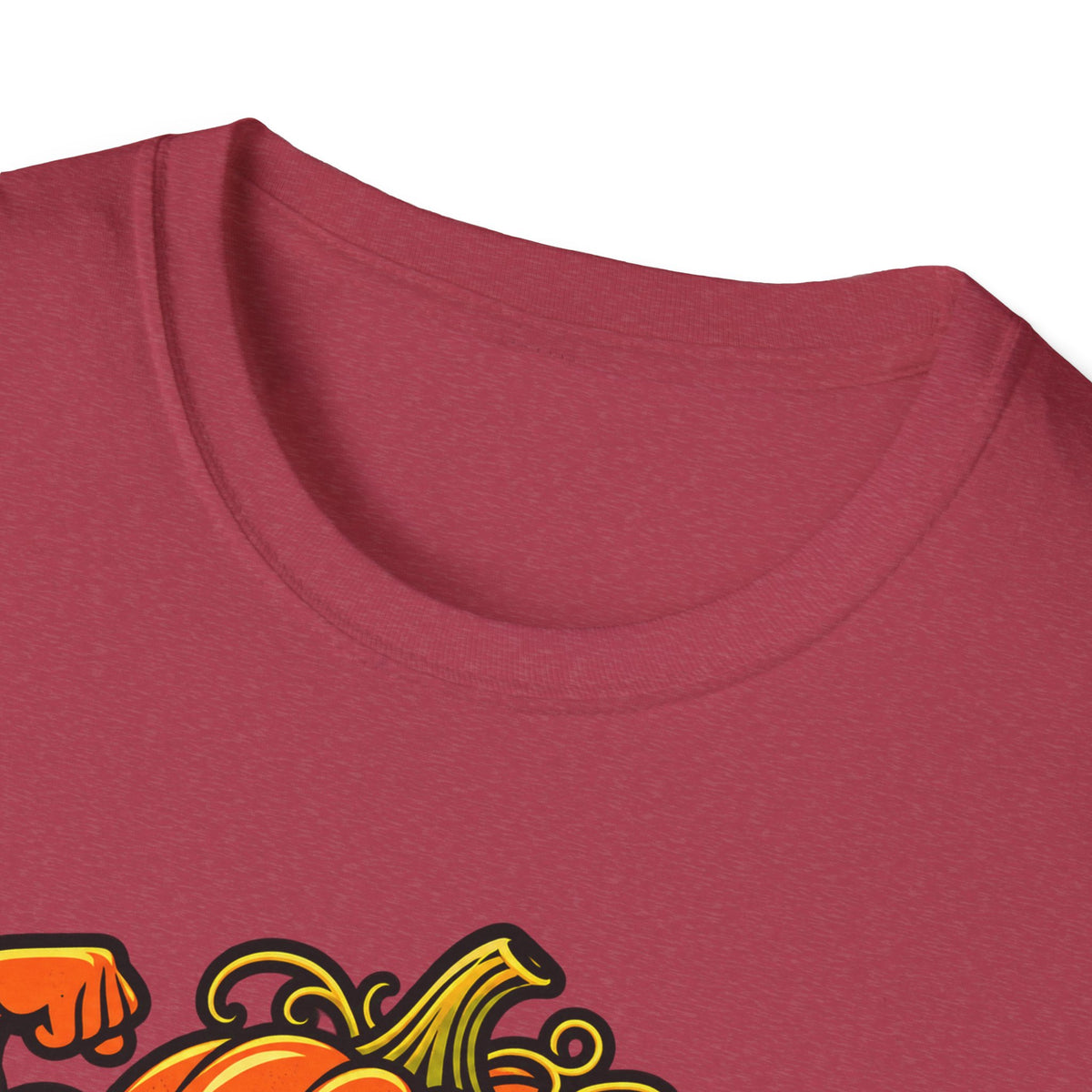 Red T-shirt crew neck close-up with partial jack-o-pumpkin graphic