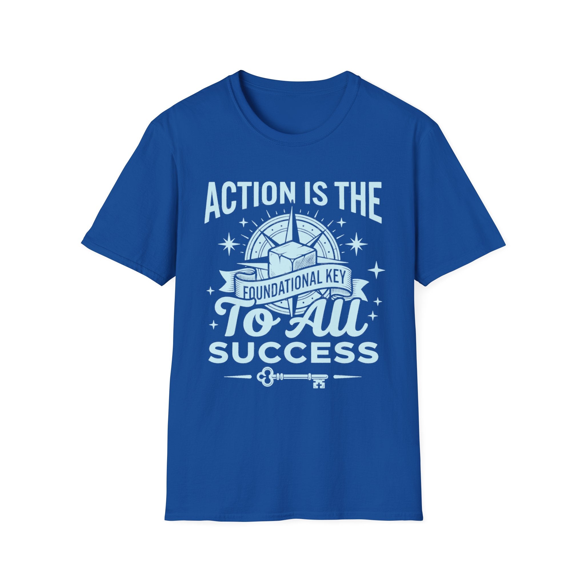 Royal Blue T-shirt featuring 'Action is the foundational key' success key graphic