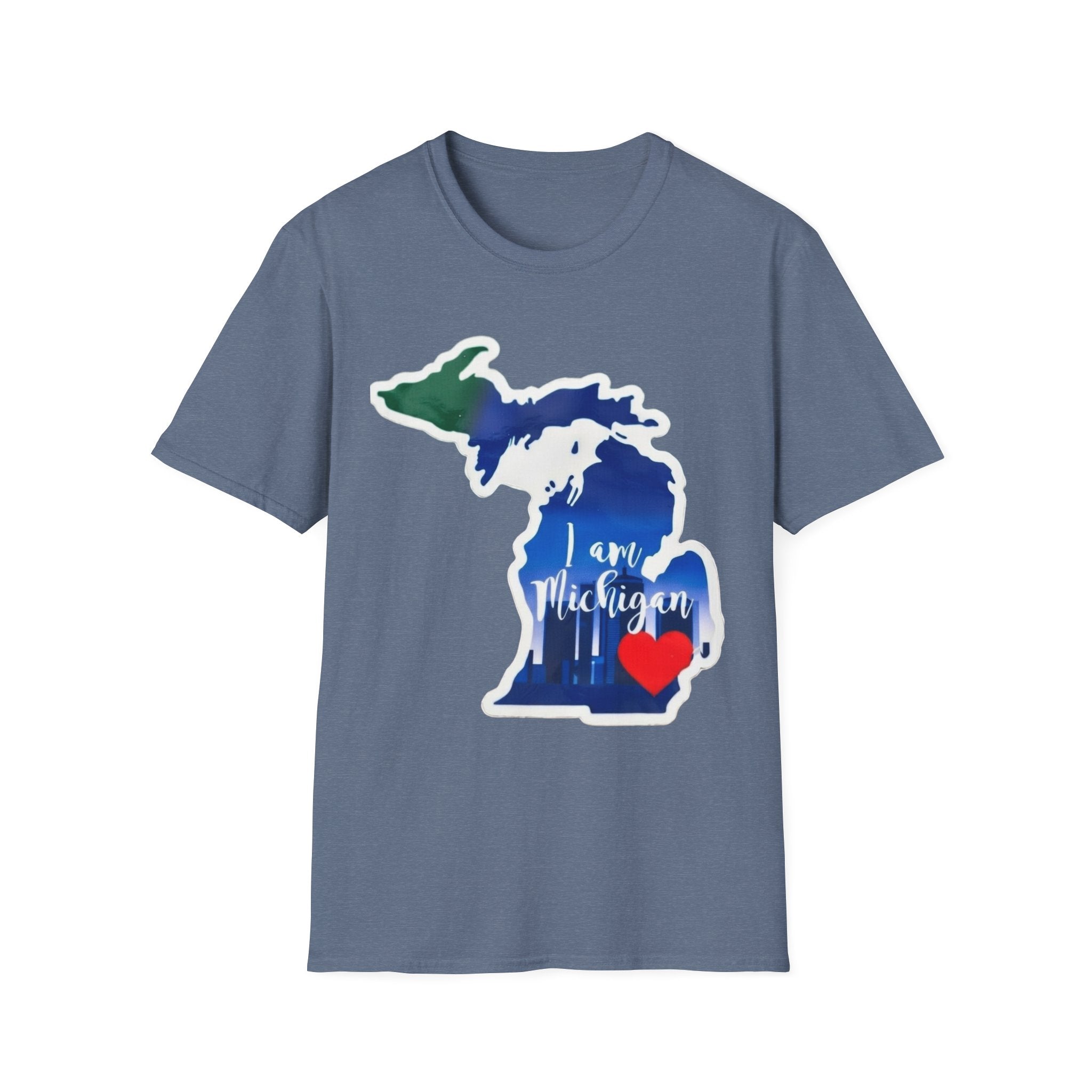 Denim blue Michigan map T-shirt with blue state outline, red heart, and “I am Michigan”