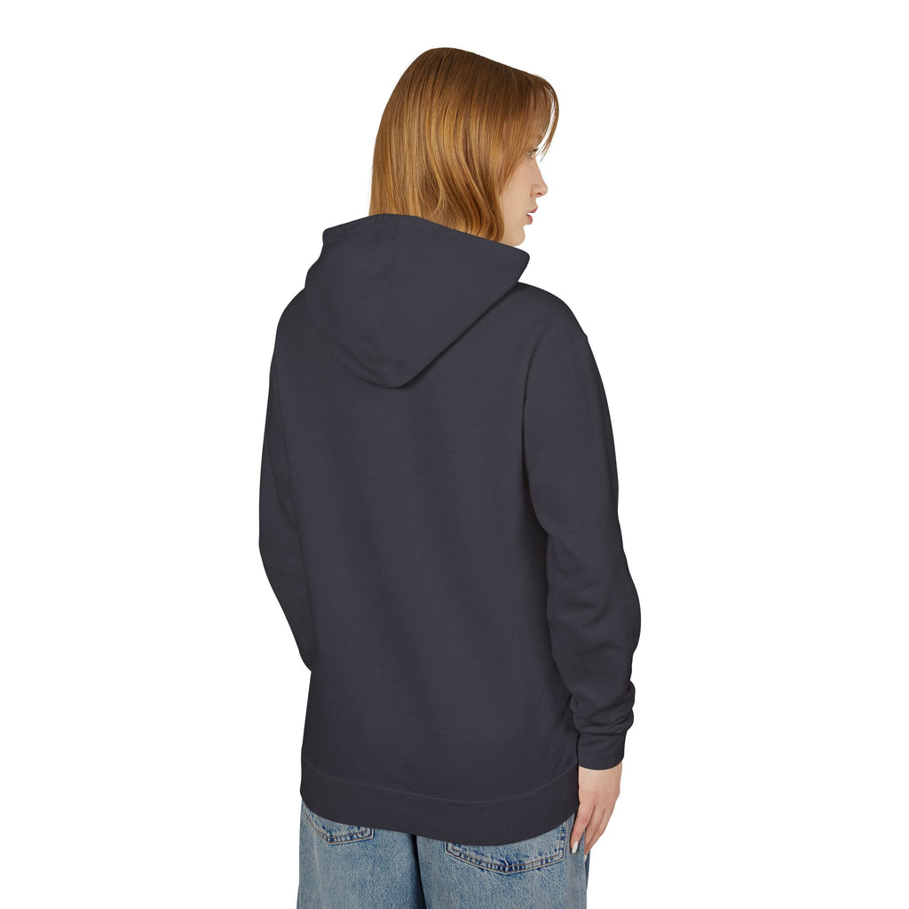 Black pullover hoodie, back view with hood and long sleeves.