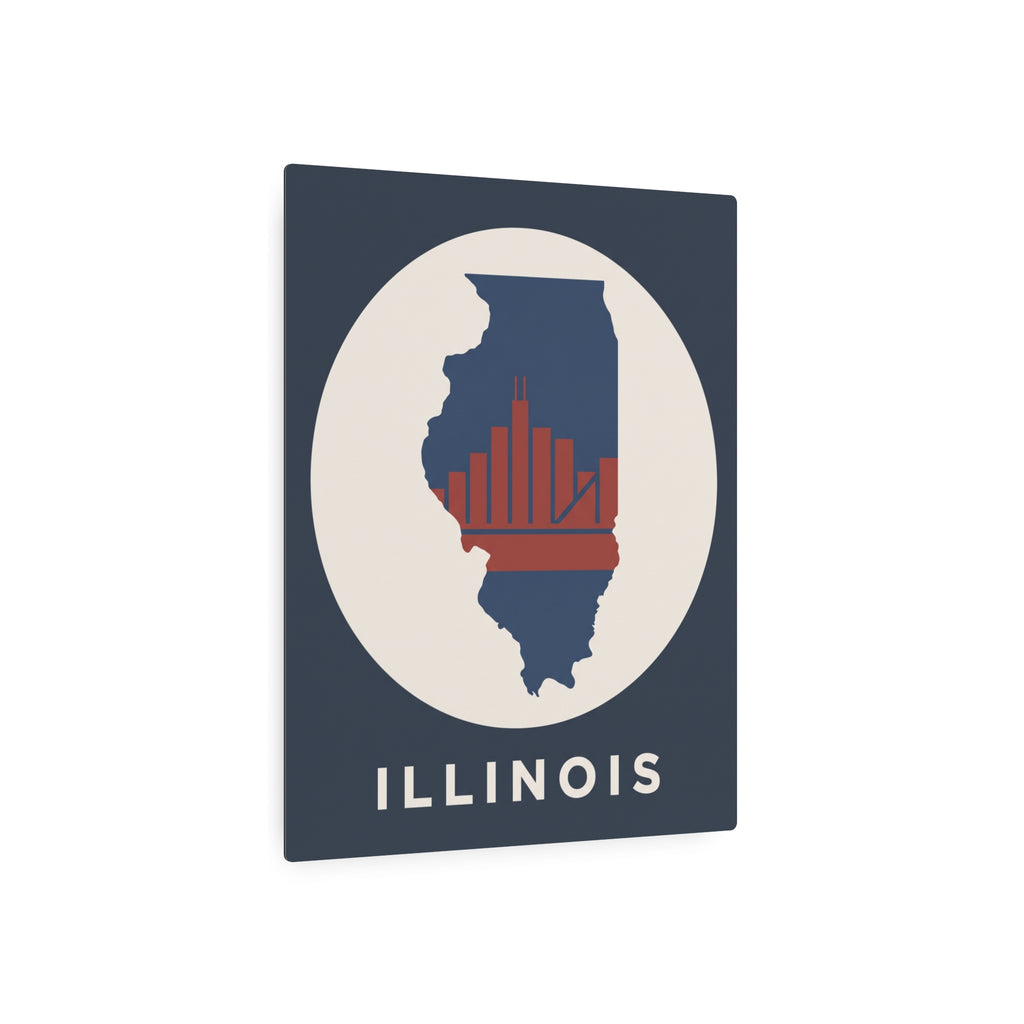 Illinois metal wall art sign: blue square, white circle, state silhouette, red skyline, ILLINOIS