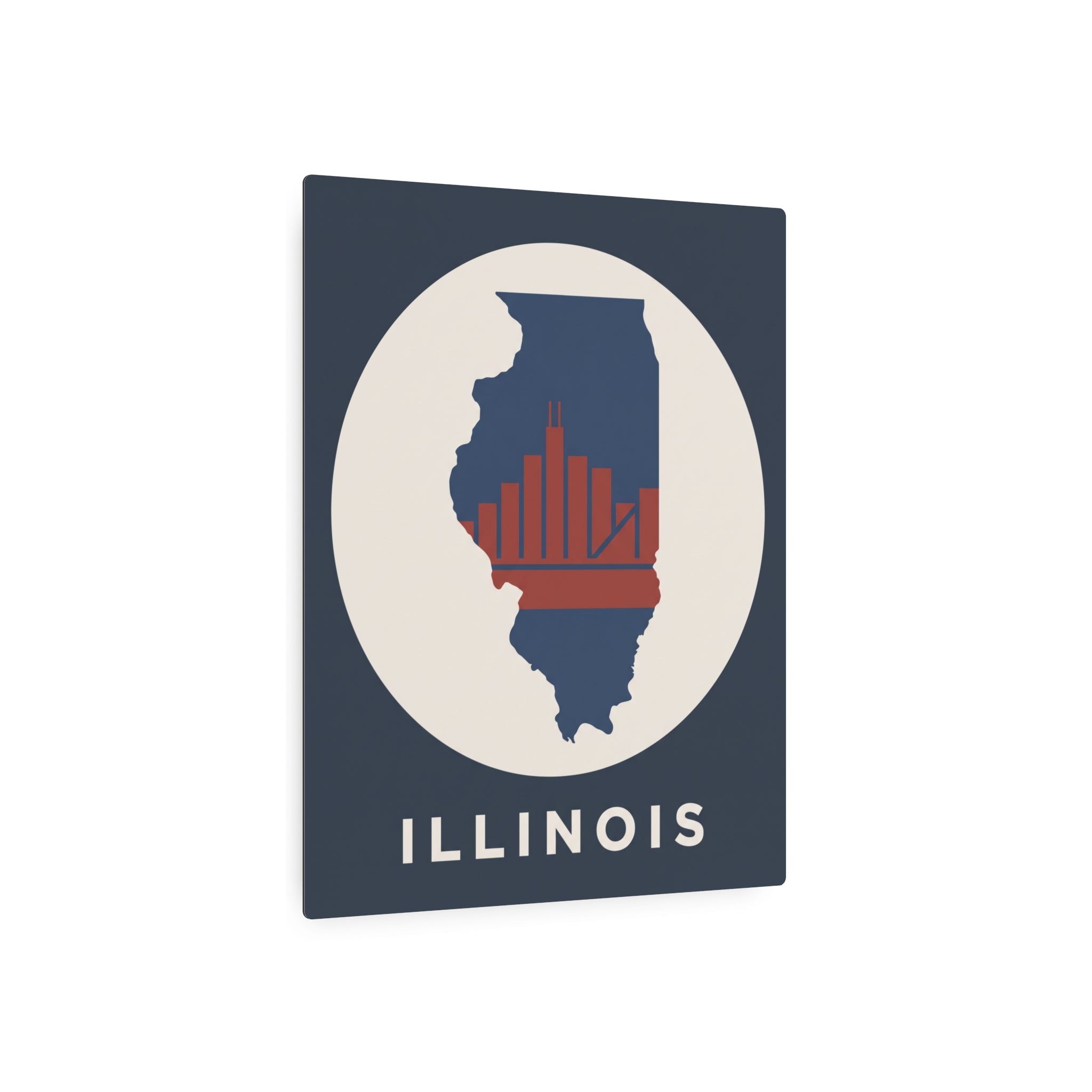 Illinois metal wall art sign: blue square, white circle, state silhouette, red skyline, ILLINOIS