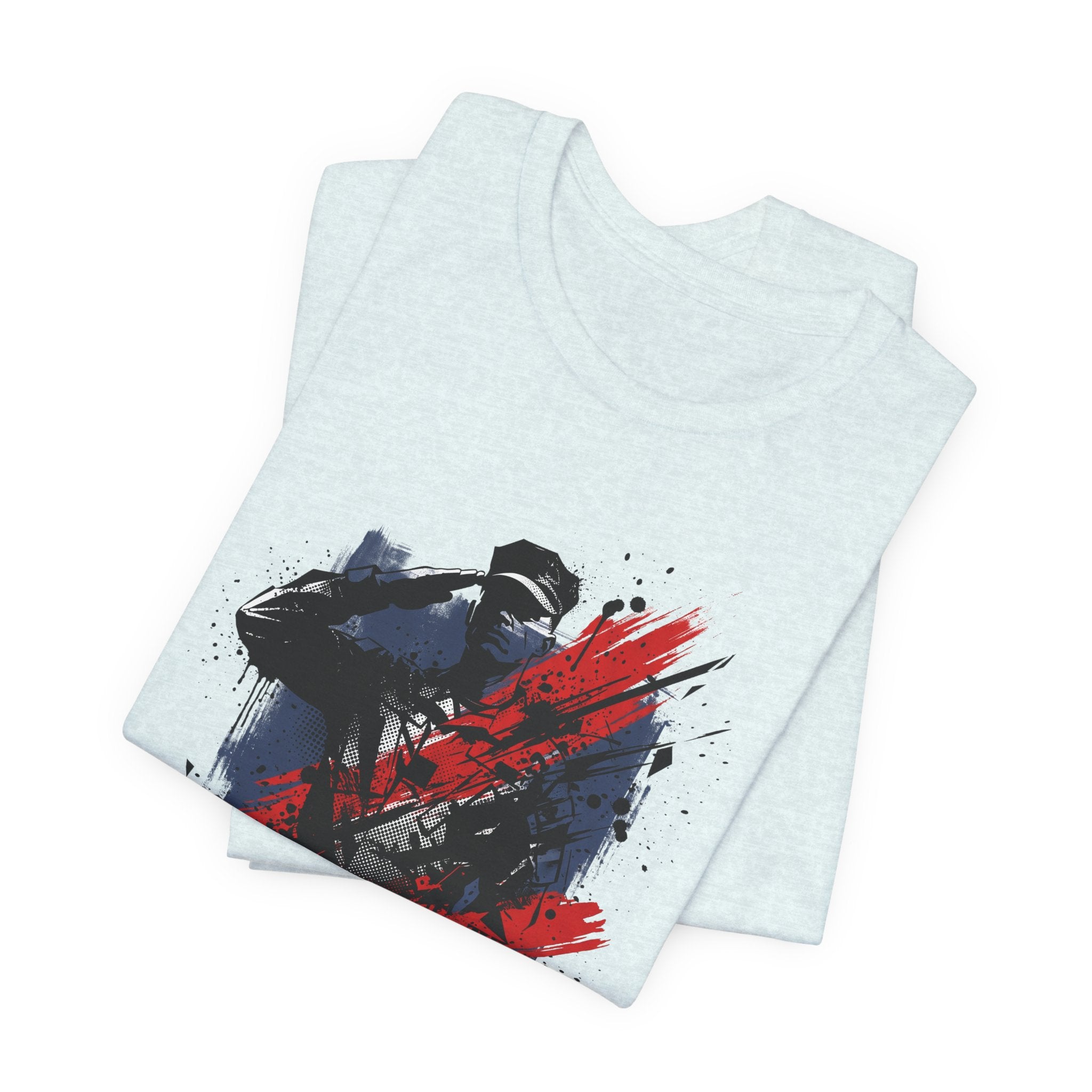 Light blue crewneck T-shirt with soldier silhouette graphic in red and dark navy